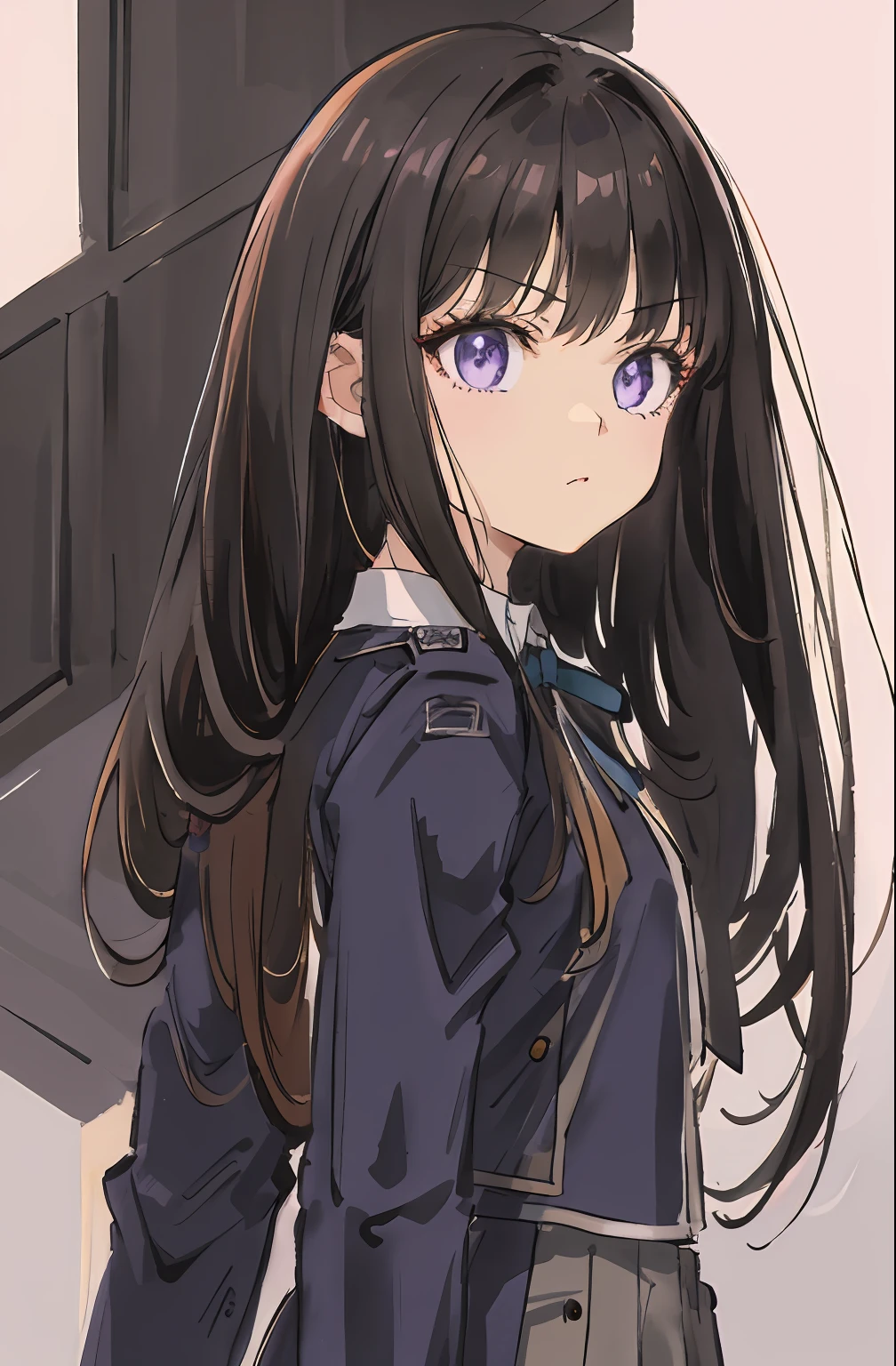Beautiful and cute girl with menacing glare, 1girl in, Solo, Long hair, A dark-haired,Purple eyes, hair messy, long hair bangs, Beautiful detailed eyes, Looking at Viewer, deadpan, Closed mouth, Portrait, Bangs, Dark blue uniform,Y shirt,Tie Ribbon, Upper body,bad-girl, Small breasts, Backlight, beautiful lightning