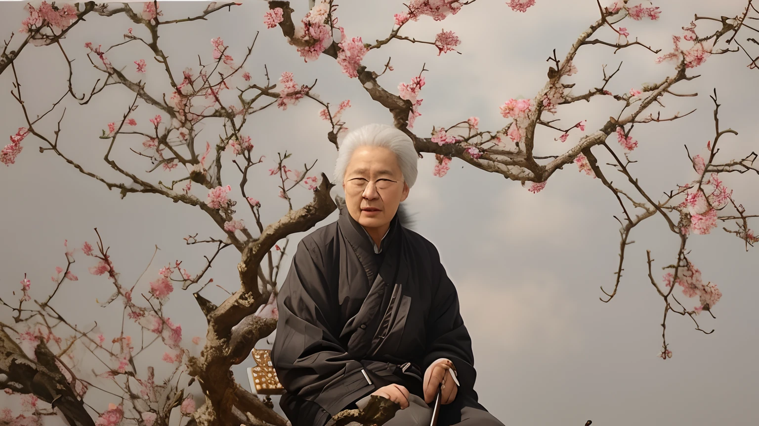 There was a woman sitting on a bench under a tree, author:Cheng Zhengkui, bo xun ling, author:Shen Shichong, author:Wang Ximeng, author:Liu Jue, author:Wen Zhenheng, author:Ji Sheng, inspired by Wang Ximeng, author:Jiao Bingzhen, author:Wen Zhengming, author:Chen Daofu