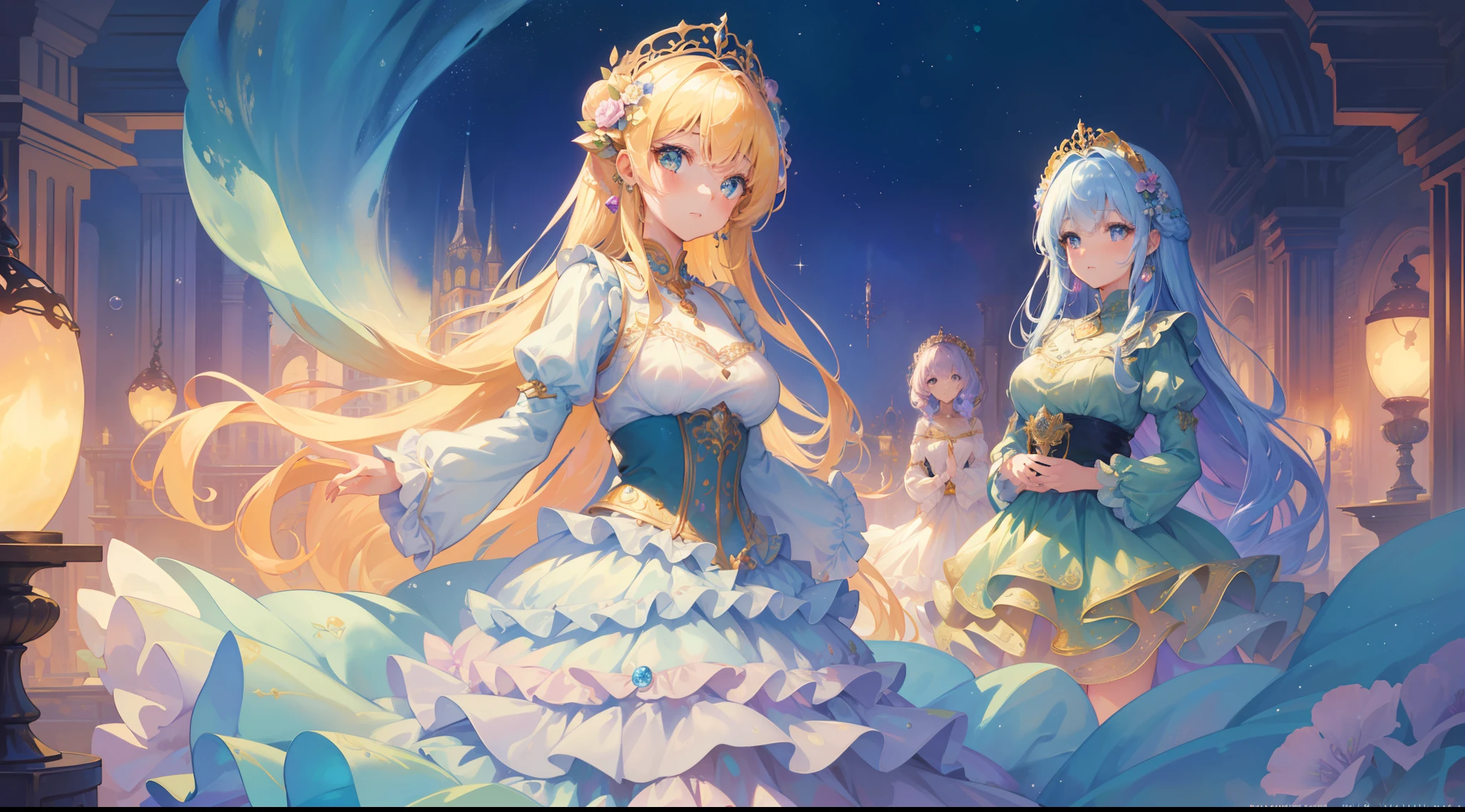 masterpiece, best quality, 8k resolution, sharp focus, intricate detail, beautiful 3girls, sparkling eyes, golden ratio face, otherworldly liquid, watercolor, pastel colors, bright colors, whimsical, colorful, sharp focus, high resolution, fine detail, ((layered tiered puffy long sleeves ballgown)), ((round eyes)), iridescent bubbles, fantasia background