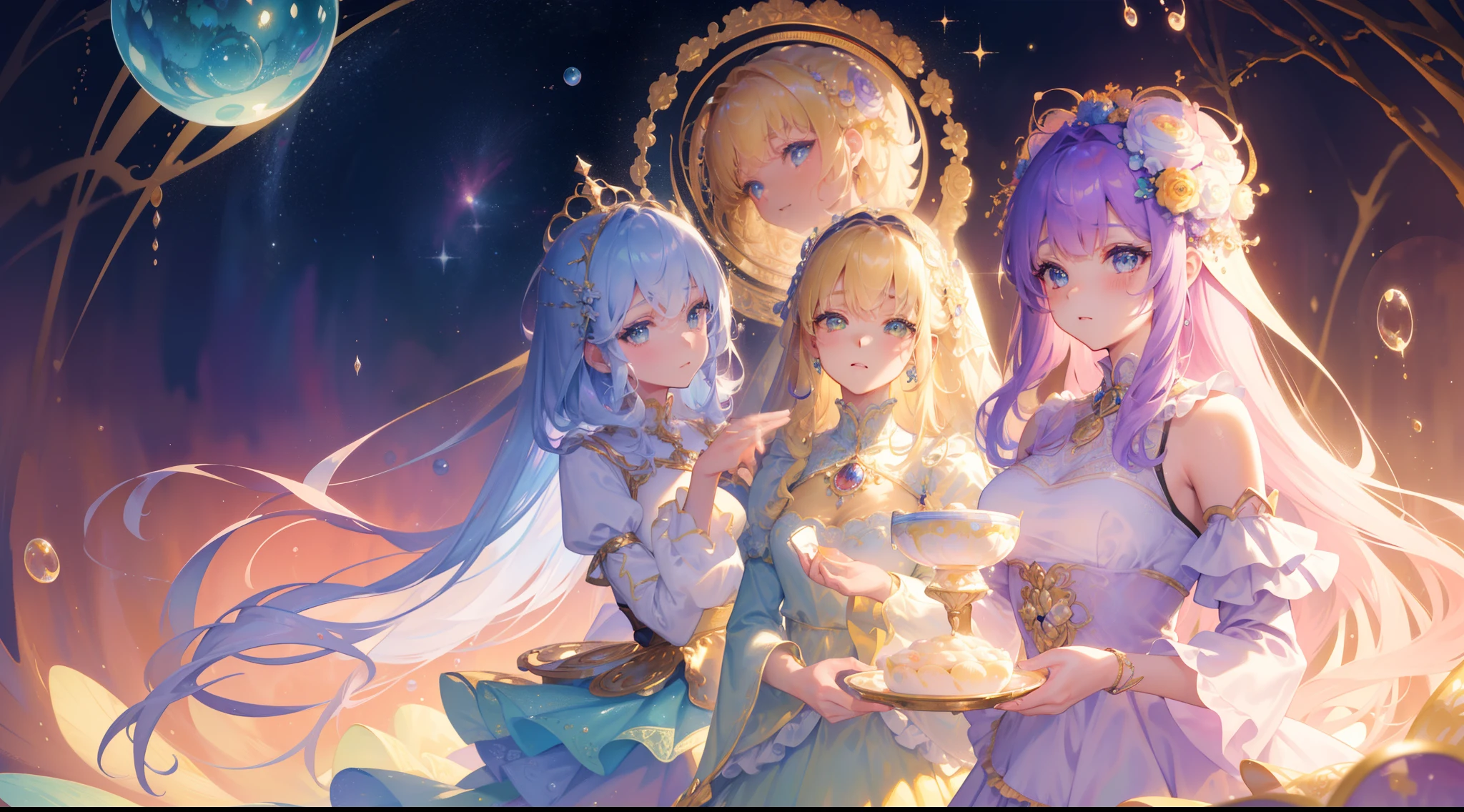 masterpiece, best quality, 8k resolution, sharp focus, intricate detail, beautiful 3girls, sparkling eyes, golden ratio face, otherworldly liquid, watercolor, pastel colors, bright colors, whimsical, colorful, sharp focus, high resolution, fine detail, ((layered tiered puffy long sleeves ballgown)), ((round eyes)), iridescent bubbles, fantasia background