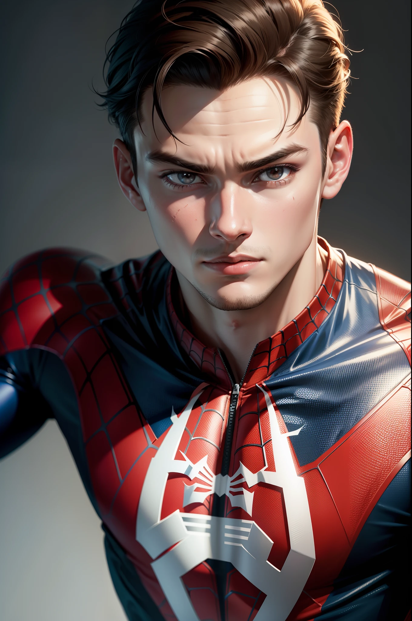develop for me an image based on this image, face image equal to the image, man wearing spider man clothes, , 18 year old man wearing spider man uniform, spider man clothes, realistic image with high quality, high quality, 8k quality, cinematic , very high quality.