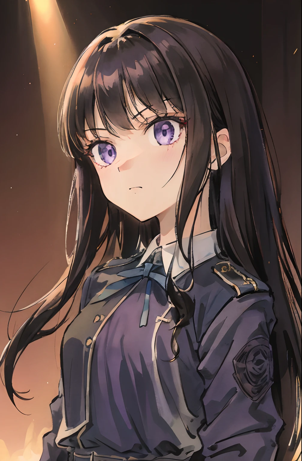 Beautiful and cute girl with menacing glare, 1girl in, Solo, Long hair, A dark-haired,Purple eyes, hair messy, long hair bangs, Beautiful detailed eyes, Looking at Viewer, deadpan, Closed mouth, Portrait, Bangs, Dark blue uniform,Y shirt,Tie Ribbon, Upper body,bad-girl, Small breasts, Backlight, beautiful lightning