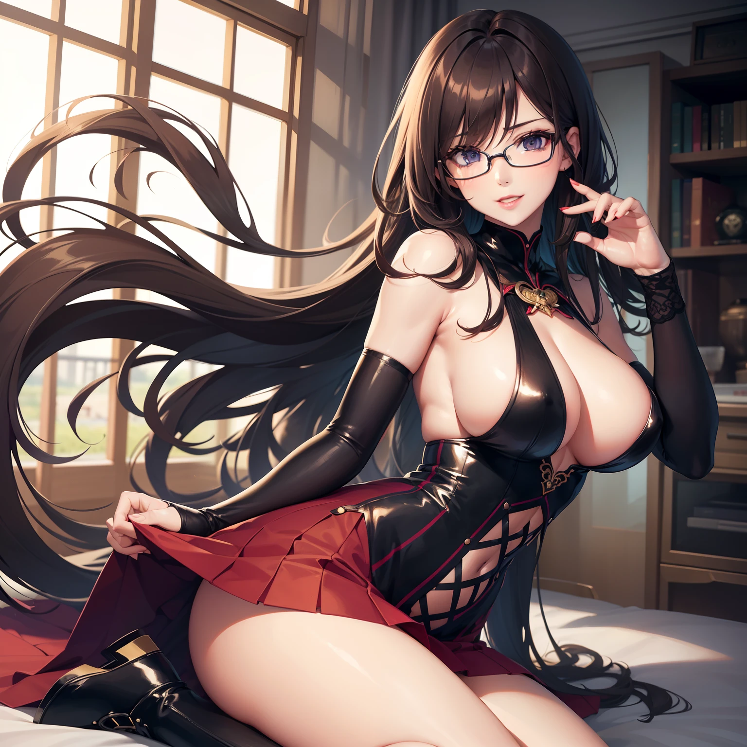 High image, Super Detail, High resolution, Anime, Manga, Illustration, knee high socks, thighs thighs thighs thighs, Knitted Dresses, Intelligent beauty, Glasses, Laugh mischievously, Happy, Shy, Adult face, make up, Ecstatic expression, Amorous expression, Seductive look, Flowing layered messy shiny light brown medium shorthair, SPEEDLINE, Glowing blue big eyes, Seductive moist red lips, medium , under the boobs, oob barbosa, great proportion, Perfect proportions, slender, Full body, Armpit
