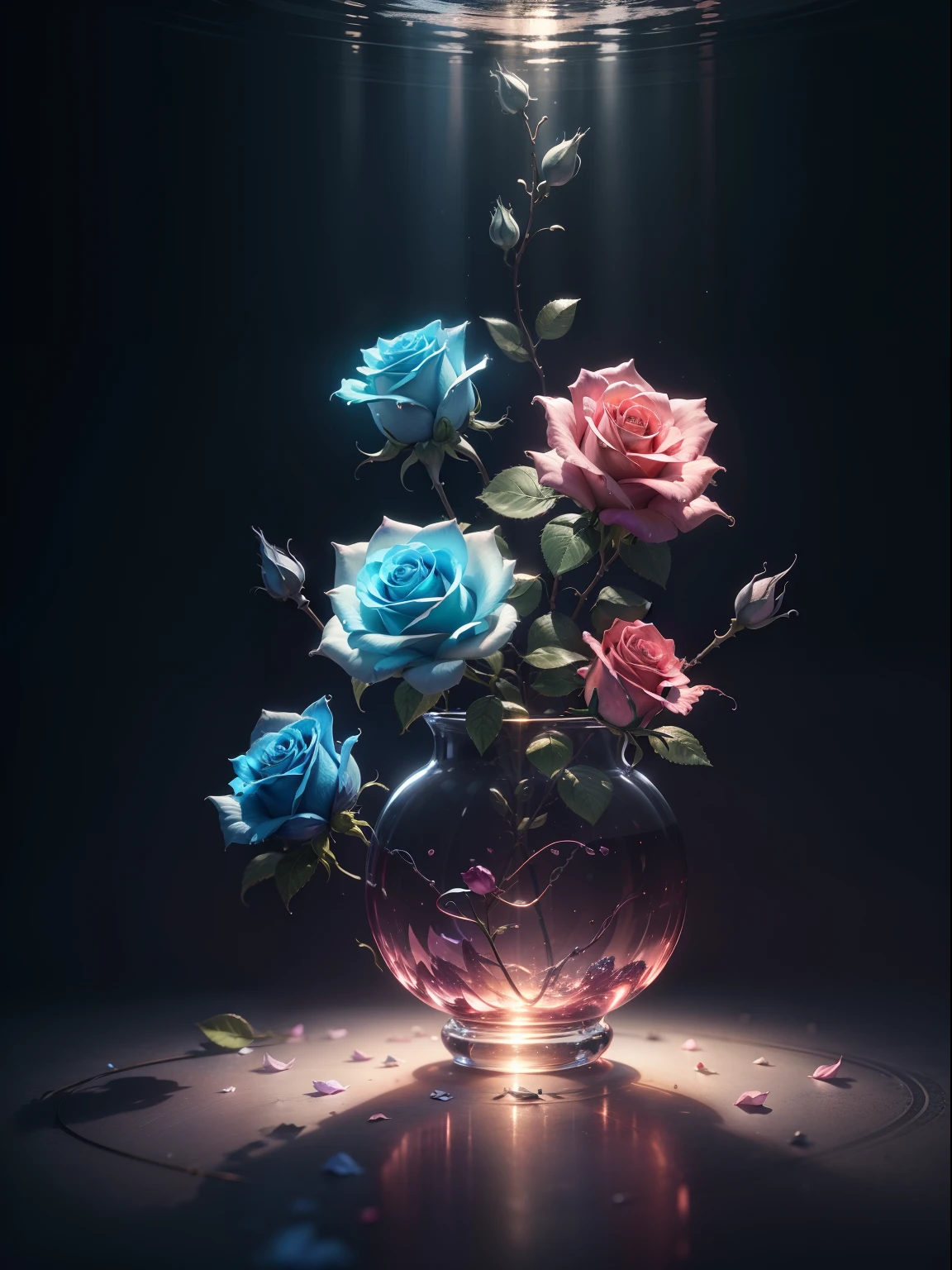 ((Rose)), ultraclear, Holy Light, Beautiful spectral rays, Glowing petals, The Flash, Dark background, Clear Light Drop, Reflected Light, Bright, Incoming light, optics, Sharp Focus, Magical, with an intricate, hyper realisitic, amazing composition, light, Art Station Trend, pearls, Corrosive ambient ray family, 8K, U-Real AR23V4 Upright