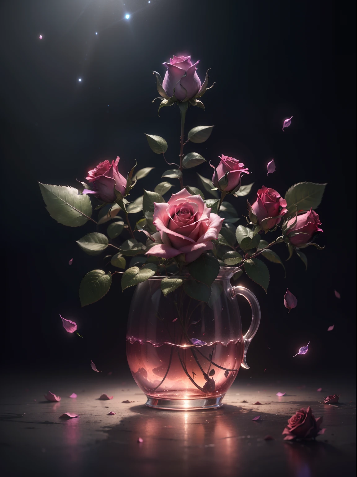 ((Rose)), ultraclear, Holy Light, Beautiful spectral rays, Glowing petals, The Flash, Dark background, Clear Light Drop, Reflected Light, Bright, Incoming light, optics, Sharp Focus, Magical, with an intricate, hyper realisitic, amazing composition, light, Art Station Trend, pearls, Corrosive ambient ray family, 8K, U-Real AR23V4 Upright