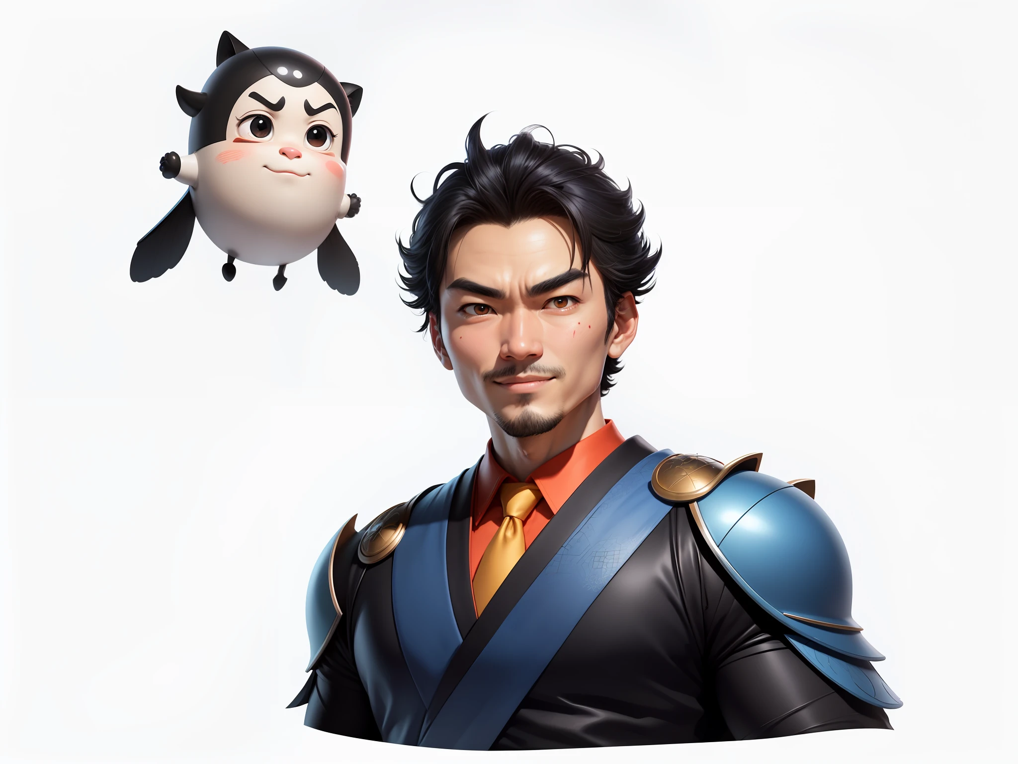(Daisaku),(Need),(Super meticulous),(full bodyesbian:1.2),Super young man with Japanese geisha,Beautiful,orient,one tiger,Aeolian Thor,Raised sexy,爆乳,Oriental face,TV Anchor,Bust portrait illustration,In black suit,a blue tie,The face is slightly chubby,The face was clean,without a beard,Black super short hair,Black eyes,Smile confidently,3C computer sub-products,iPad, iphone,Digital painting,3D character design by Mark Clairen and Pixar and Hayao Miyazaki and Akira Toriyama,The illustration is a high-definition illustration in 4K resolution,With very detailed facial features and cartoon-style visuals。
