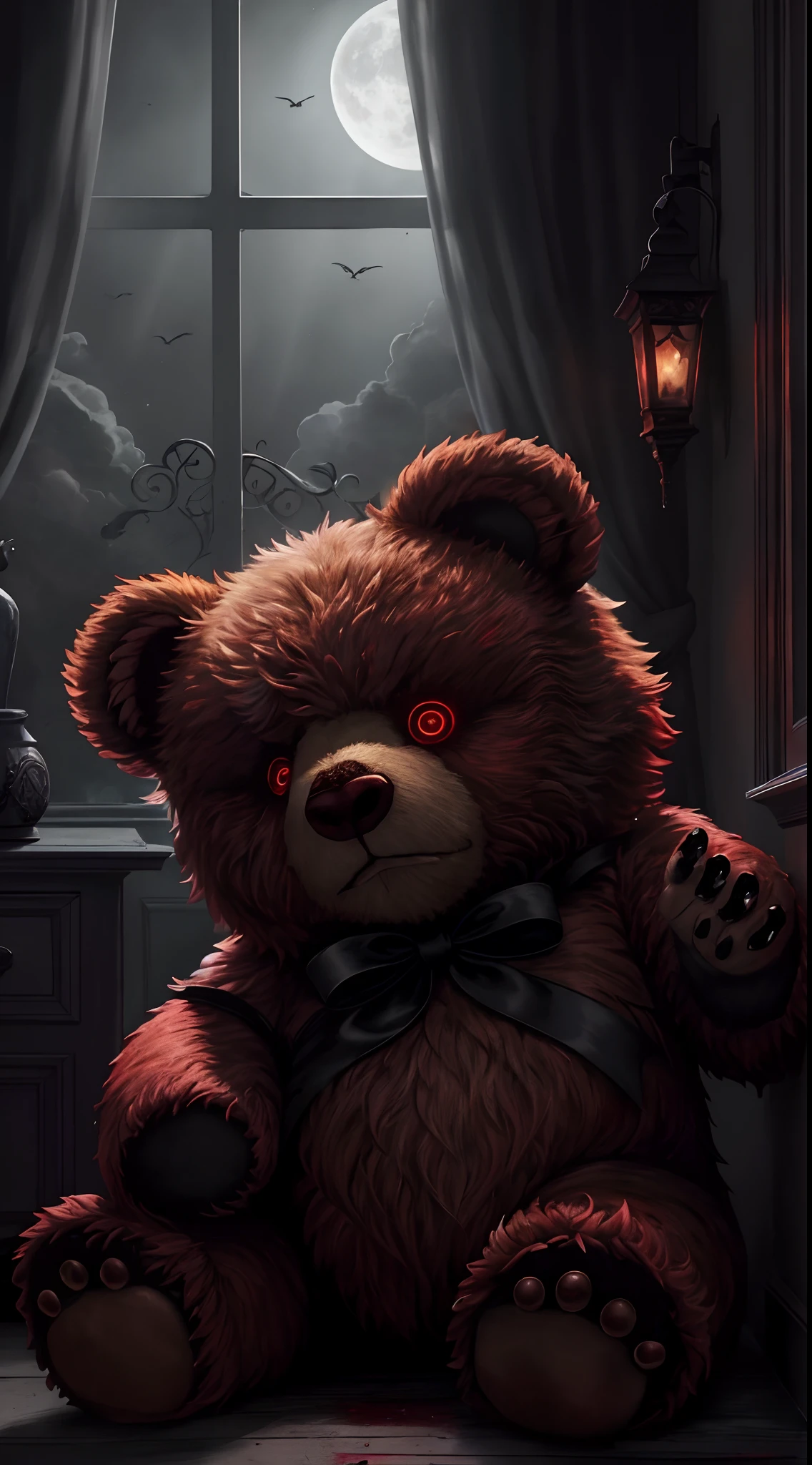 dark bedroom midnight moonlight backlight window (masterpiece:1.2) (illustration:1.2) (best quality) (detailed) (intricate) (8k) (HDR) (wallpaper) (cinematic lighting) (sharp focus) evil teddy bear with red glowing eyes and covered in blood