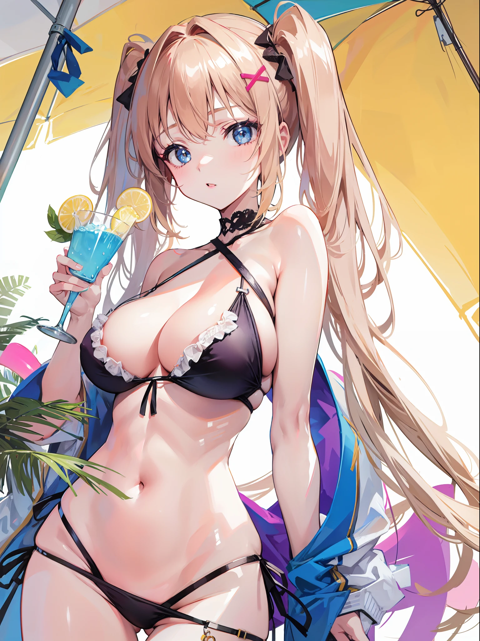 1girl, from below side, wearing a bikini on the beach, beautiful breasts, holding a drink, seductive