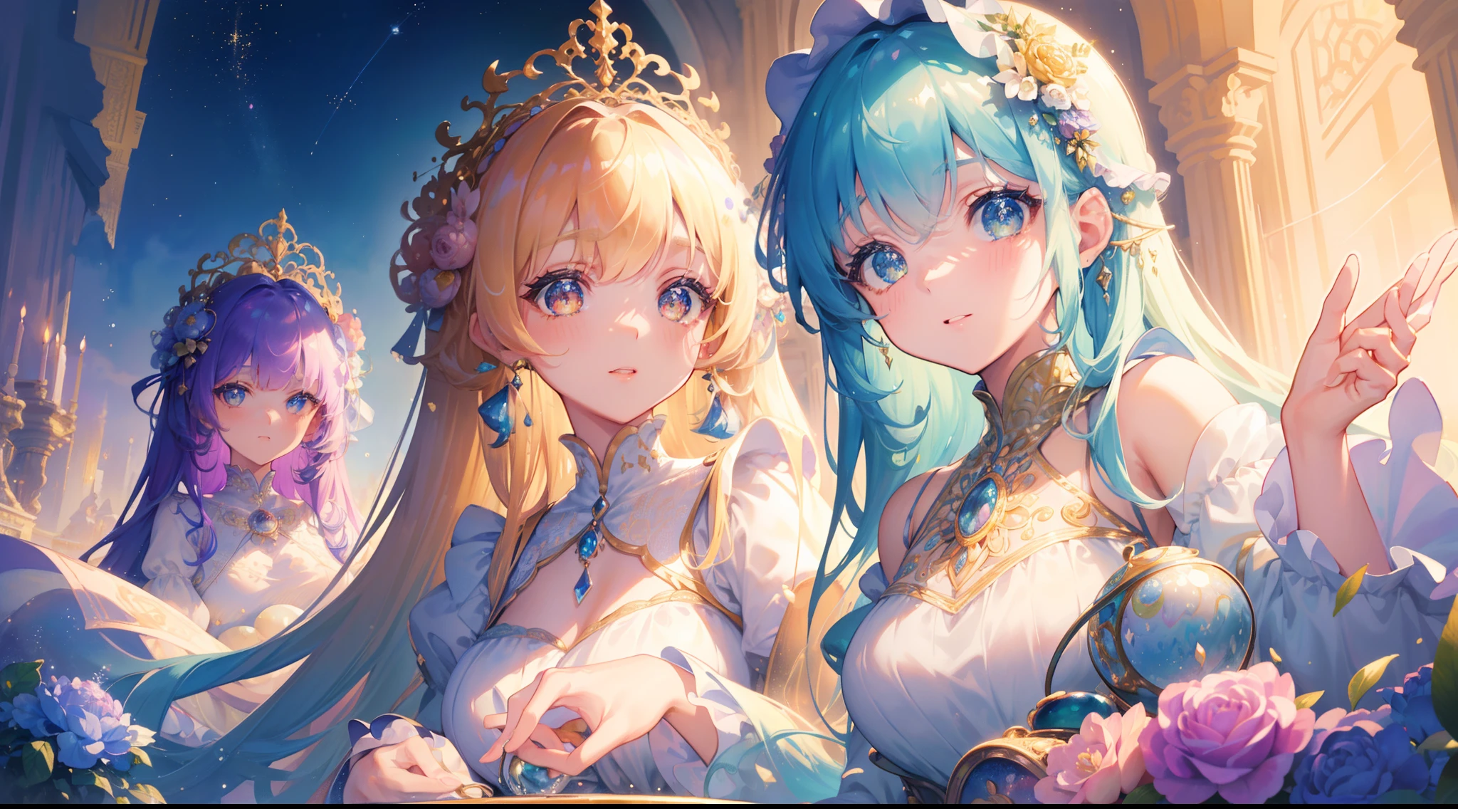 masterpiece, best quality, 8k resolution, sharp focus, intricate detail, beautiful 3girls, sparkling eyes, golden ratio face, otherworldly liquid, watercolor, pastel colors, bright colors, whimsical, colorful, sharp focus, high resolution, fine detail, ((layered tiered puffy long sleeves ballgown)), ((round eyes)), iridescent bubbles, fantasia background
