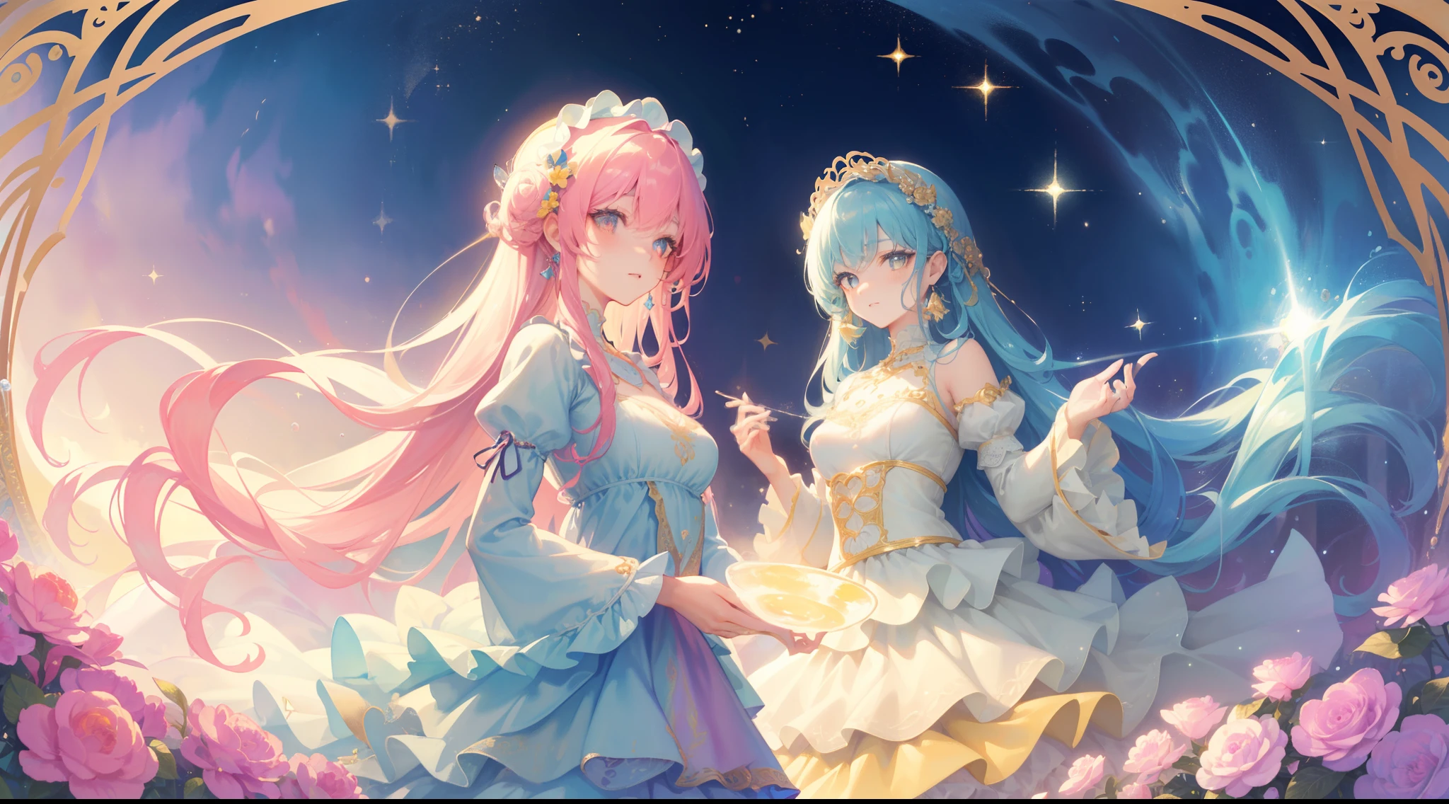 masterpiece, best quality, 8k resolution, sharp focus, intricate detail, beautiful 3girls, sparkling eyes, golden ratio face, otherworldly liquid, watercolor, pastel colors, bright colors, whimsical, colorful, sharp focus, high resolution, fine detail, ((layered tiered puffy long sleeves ballgown)), ((round eyes)), iridescent bubbles, fantasia background