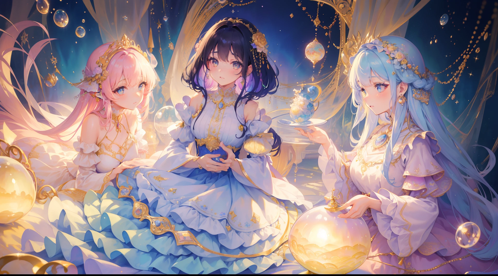 masterpiece, best quality, 8k resolution, sharp focus, intricate detail, beautiful 3girls, sparkling eyes, golden ratio face, otherworldly liquid, watercolor, pastel colors, bright colors, whimsical, colorful, sharp focus, high resolution, fine detail, ((layered tiered puffy long sleeves ballgown)), ((round eyes)), iridescent bubbles, fantasia background