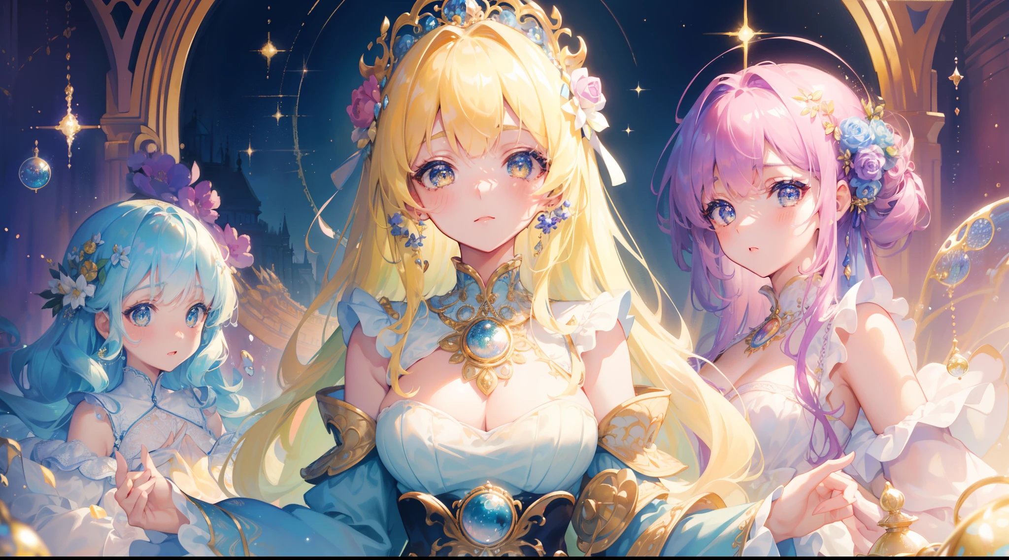 masterpiece, best quality, 8k resolution, sharp focus, intricate detail, beautiful 3girls, sparkling eyes, golden ratio face, otherworldly liquid, watercolor, pastel colors, bright colors, whimsical, colorful, sharp focus, high resolution, fine detail, ((layered tiered puffy long sleeves ballgown)), ((round eyes)), iridescent bubbles, fantasia background