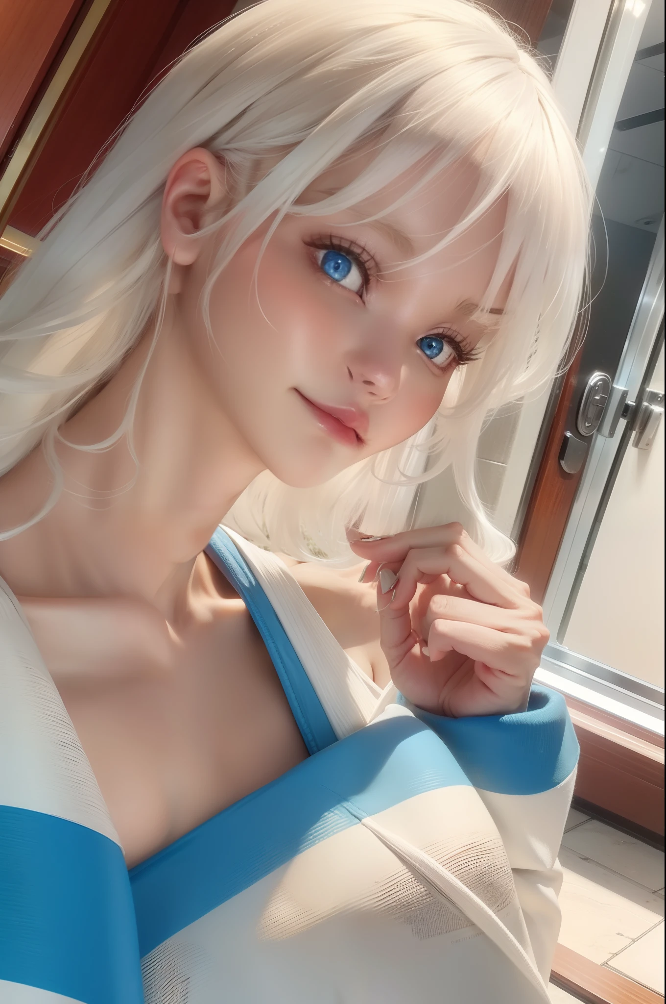 White hair, blue eyes, masterpiece, good-looking upper body