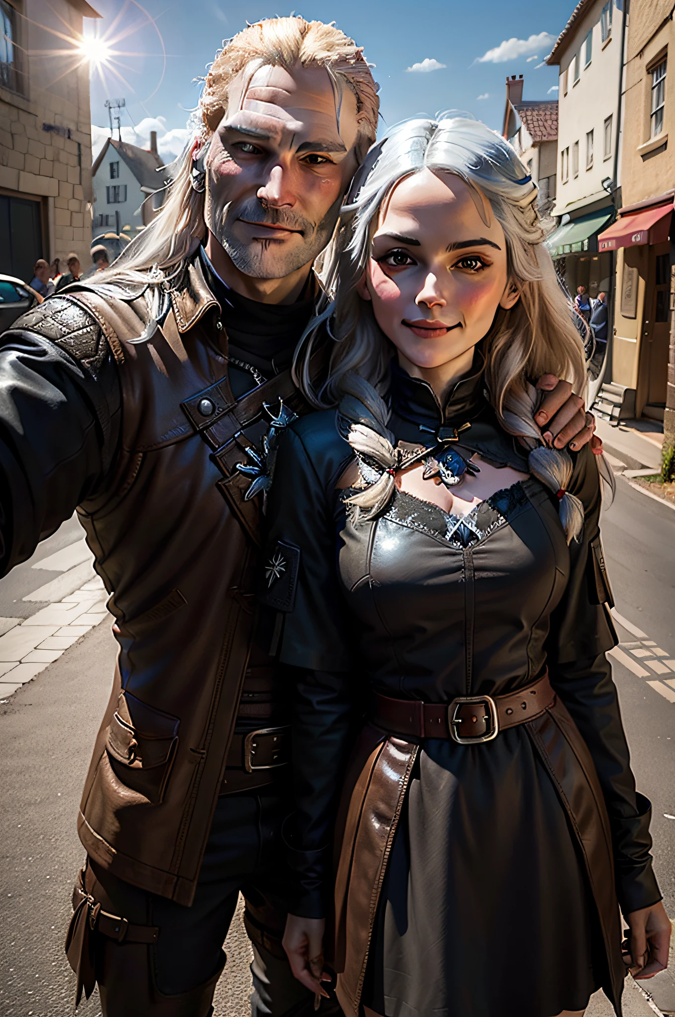 Smiling Geralt takes a selfie with an expressionless Yennefer ,photorealestic,outside,and the sun was shining brightly
