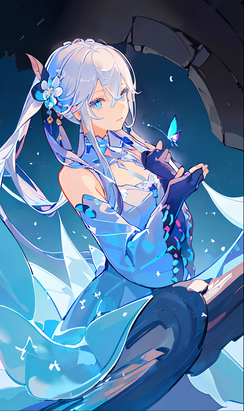 (Overhead view),dynamic angle,ultra-detailed, illustration, close-up, straight on, 1girl, (fantasy:1.4), (azure blue eyes:1.233),Her eyes shone like dreamy stars and fu hua,(glowing eyes:1.233),(beautiful and detailed eyes:1.1),(Silver hair:1.14),(long hair,french braid,hair between eyes,sidelocks), (+(bule hair flower:1.14)),(chiffon dress,bule flower pattern in uniform)/=(military uniform:1.24),(detached sleeves,wide sleeves),(fingerless gloves),choker,(miko thighhighs),High heeled boots,(expressionless,closed mouth),(standing), (classical Princess boudoir with dressing tableand french windowin a white ancient palaces),(white flowers,bloom),(abysmal sea),(flowing water),(a dull blue world tree:1.14),(ruins),(night:1.2),dreamy,soul,(fluorescence),(flying translucent blue butterflies:1.15), [[delicate fingers and hands:0.55]::0.85],(detail fingers),(yubao:0.5),upper body,