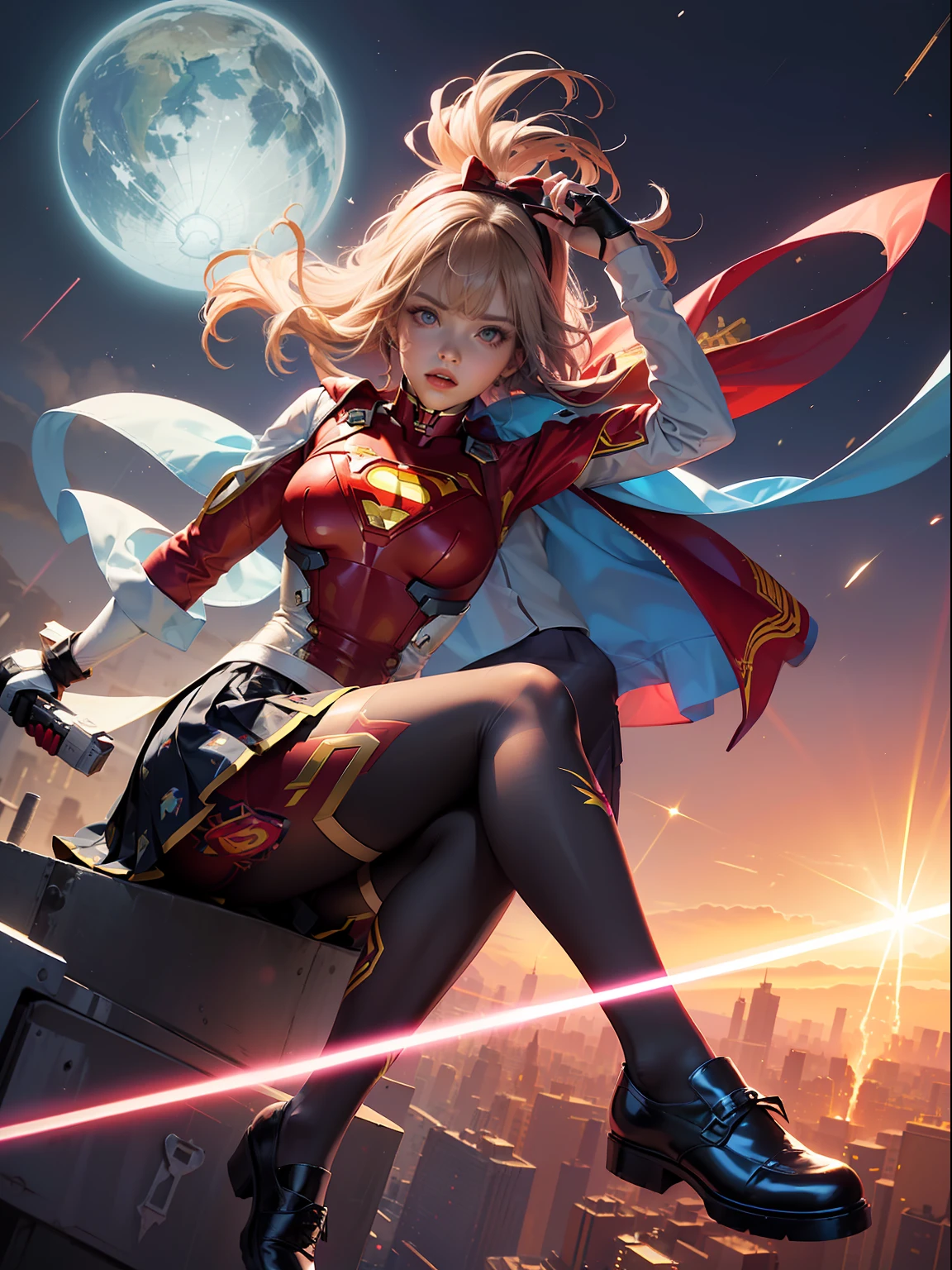 (full body:1.5)，(1girl:1.3),(looking at viewer:1.4)，(anatomy correct:1.3)，(In the paradise of the day:1.3),(Wearing Iron Man Set mix Superman Set JK uniform printed Ultra short pleated skirt and JK uniform leather shoes with bow decoration ，and Very thick Printed ****ta Pantyhose  :1.35), (Light particle effect:1.3),(In pink | amarelo | blue colors| green color |red colors | white colors| black in color| purpleish color| greys| Beige| Flesh color 1.4)，(Glowing eyes:1.3),(Large amplitude action: 1.3)，(Accurate and perfect face:1.4),(Clothing Gloss:1.25),(Skin reflection:1.25),hyper HD, Ray traching, reflective light，structurally correct, Award-Awarded, high detal, lightand shade contrast, Face lighting，cinmatic lighting, tmasterpiece, super detailing, high high quality, high detal, best qualityer, 16k，high contrast,