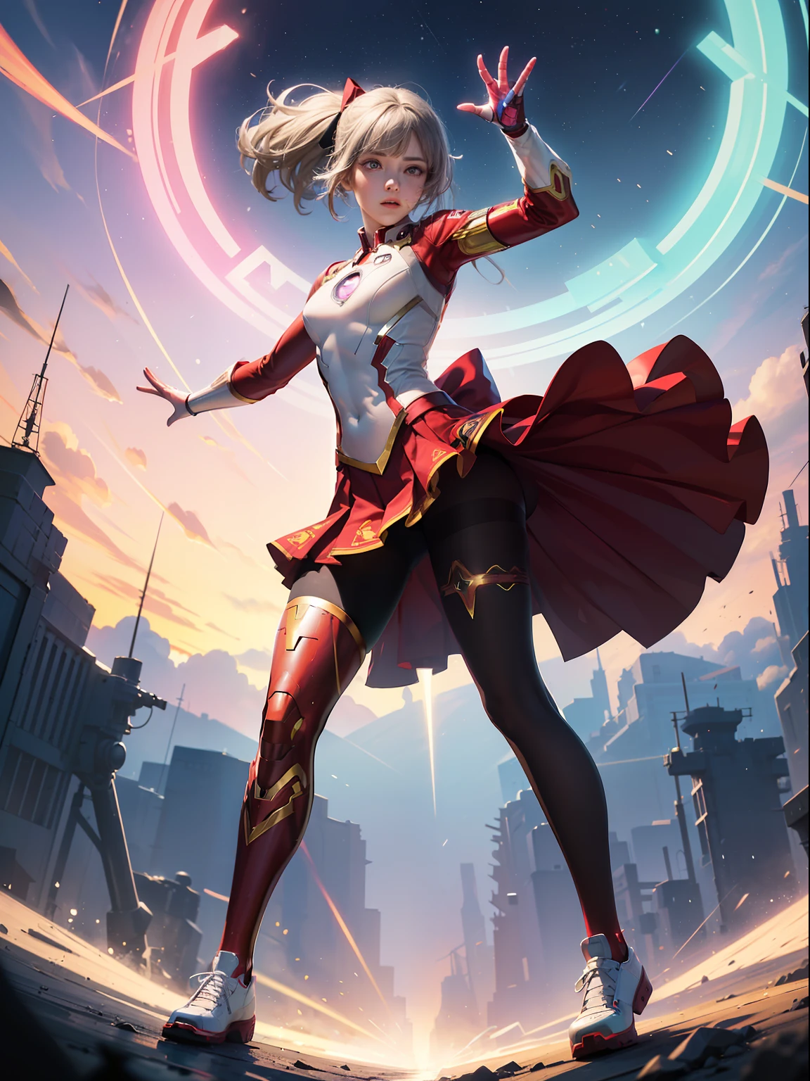 (full body:1.5),(1girl:1.3),(looking at viewer:1.4),(anatomy correct:1.3),(In the paradise of the day:1.3),(Wearing Iron Man Set mix Superman Set JK uniform printed Ultra short pleated skirt and JK uniform leather shoes with bow decoration ,and Very thick Printed ta Pantyhose :1.35), (Light particle effect:1.3),(In pink | amarelo | blue colors| green color |red colors | white colors| black in color| purpleish color| greys| Beige| Flesh color 1.4),(Glowing eyes:1.3),(Large amplitude action: 1.3),(Accurate and perfect face:1.4),(Clothing Gloss:1.25),(Skin reflection:1.25),hyper HD, Ray traching, reflective light,structurally correct, Award-Awarded, high detal, lightand shade contrast, Face lighting,cinmatic lighting, tmasterpiece, super detailing, high high quality, high detal, best qualityer, 16k,high contrast,