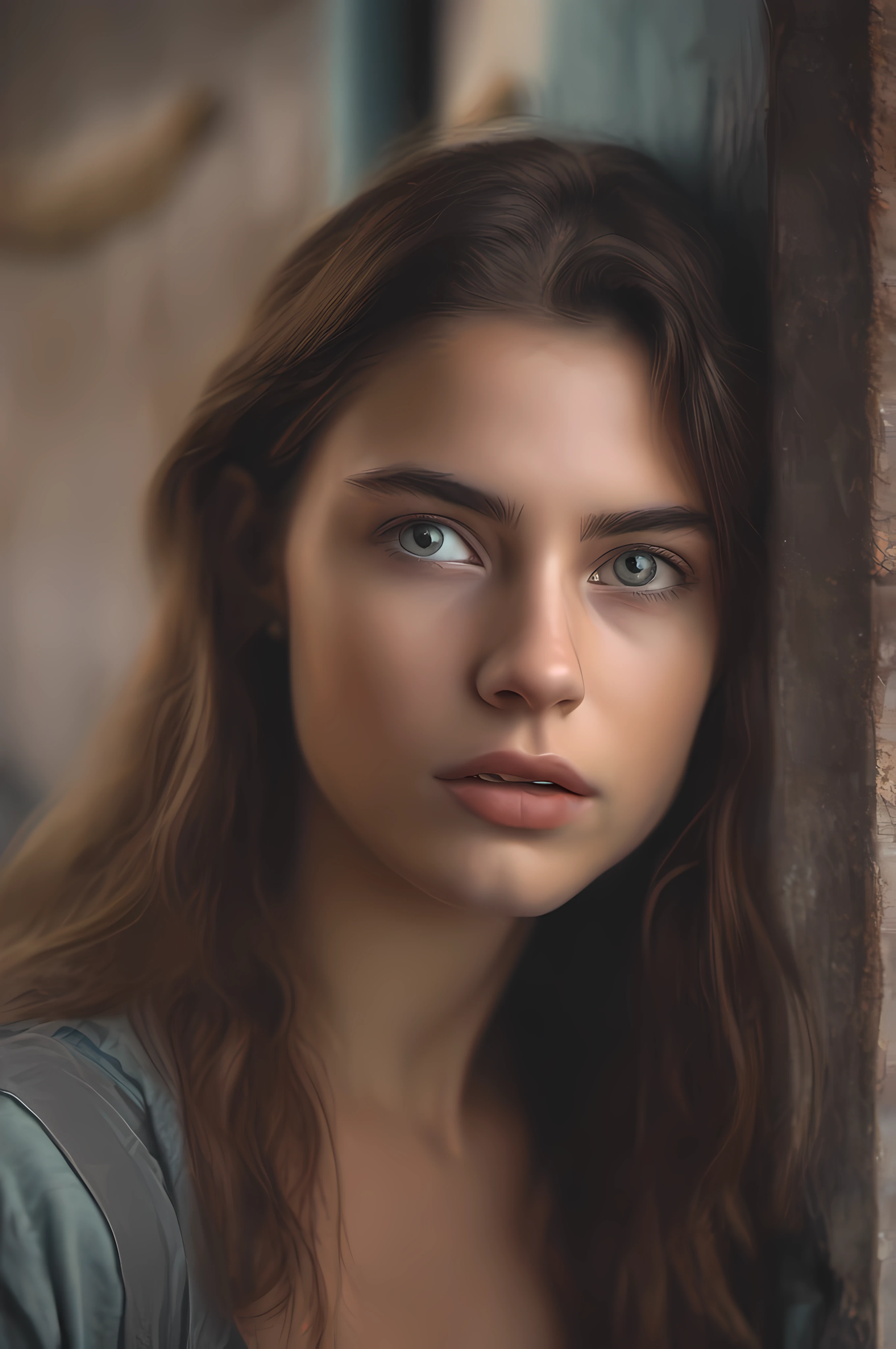 raw photography with realistic face in A 20-year-old girl looks at you in surprise