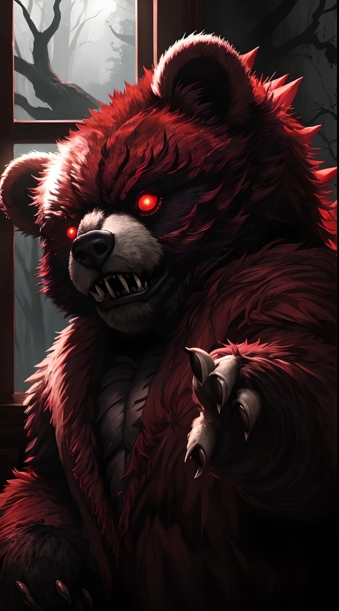 dark bedroom midnight moonlight backlight window woods (masterpiece:1.2) (illustration:1.2) (best quality) (detailed) (intricate) (8k) (HDR) (wallpaper) (cinematic lighting) (sharp focus) evil teddy bear with red glowing eyes showing teeth and sharp claws covered in blood