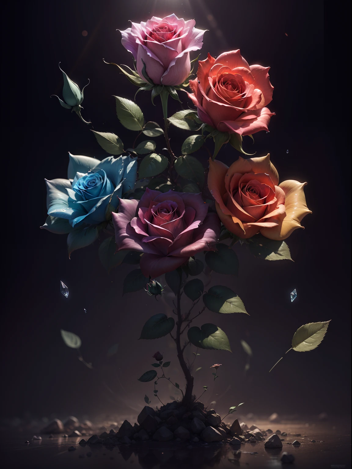 ((A rose flower)), ultraclear, Holy Light, Beautiful spectral rays, Glowing petals, The Flash, Dark background, Clear Light Drop, Reflected Light, Bright, Incident light, optics, Sharp Focus, Magical, with an intricate, hyper realisitic, amazing composition, light, Art Station Trend, pearls, Corrosive ambient ray family, 8K, U-Real AR23V4 Upright