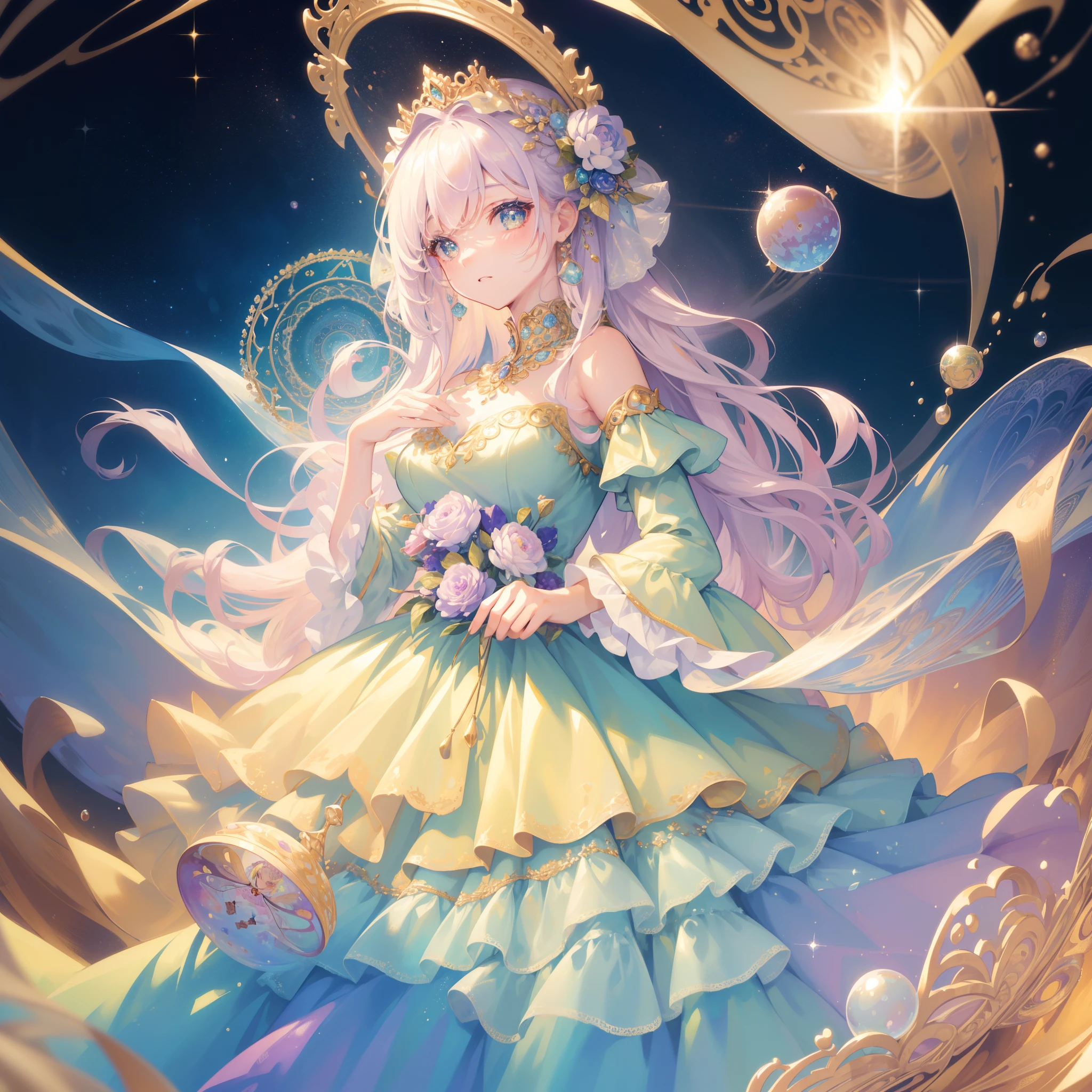masterpiece, best quality, 8k resolution, sharp focus, intricate detail, beautiful 3girls, sparkling eyes, golden ratio face, otherworldly liquid, watercolor, pastel colors, bright colors, whimsical, colorful, sharp focus, high resolution, fine detail, ((layered tiered puffy long sleeves ballgown)), ((round eyes)), iridescent bubbles, fantasia background