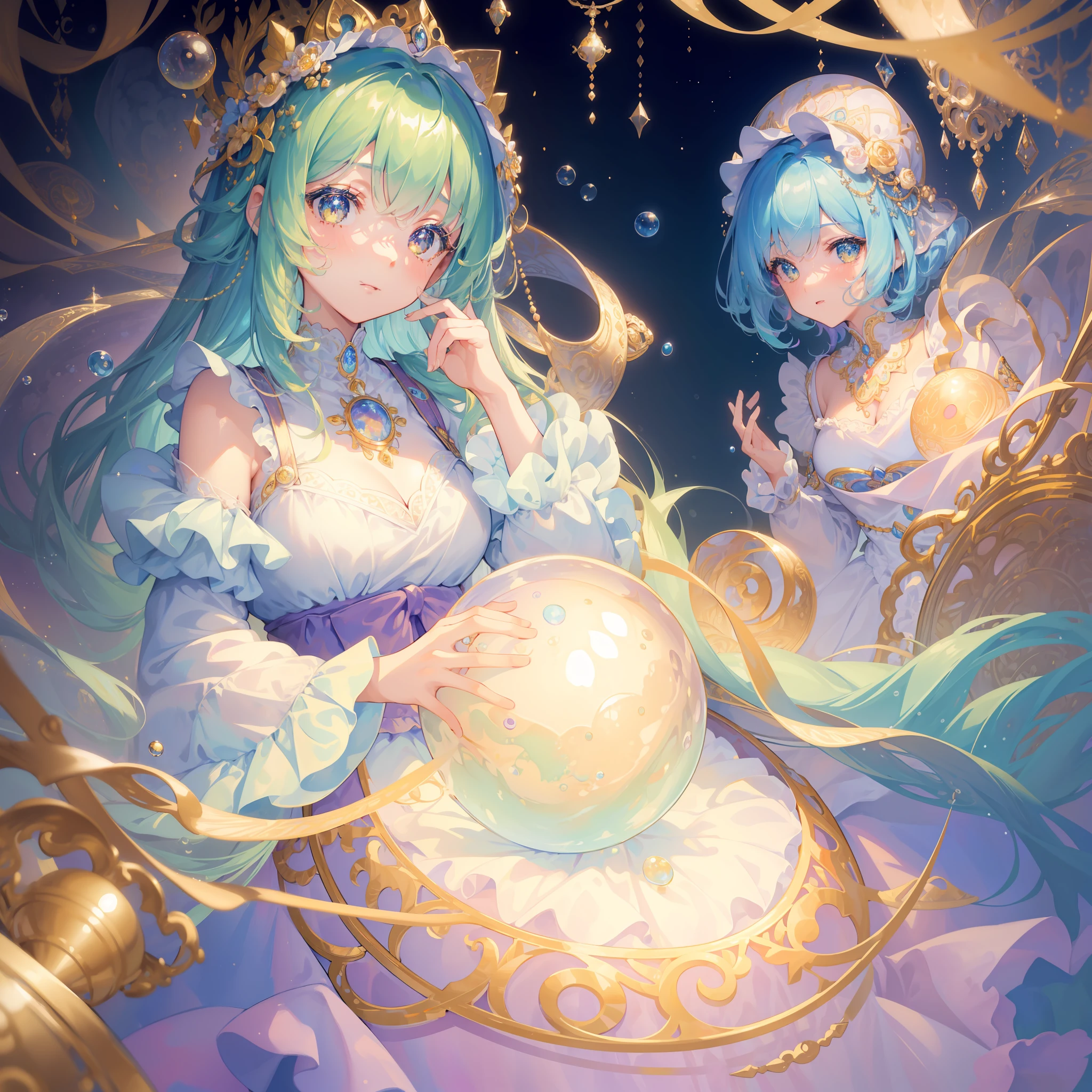 masterpiece, best quality, 8k resolution, sharp focus, intricate detail, beautiful 3girls, sparkling eyes, golden ratio face, otherworldly liquid, watercolor, pastel colors, bright colors, whimsical, colorful, sharp focus, high resolution, fine detail, ((layered tiered puffy long sleeves ballgown)), ((round eyes)), iridescent bubbles, fantasia background