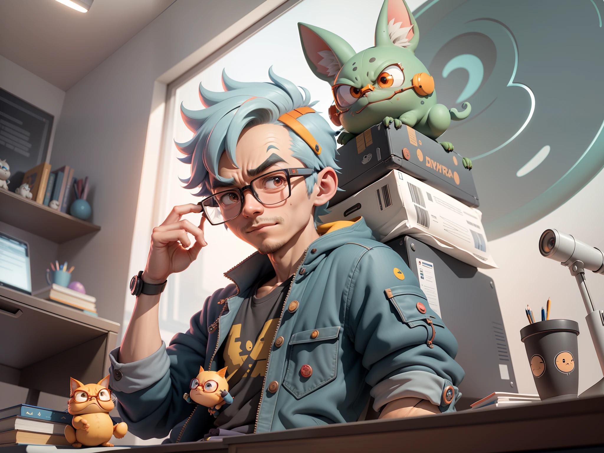 A young man with glasses sits at his desk,holding laptop,digitial painting,3D character design by Mark Clairen and Pixar and Hayao Miyazaki and Akira Toriyama,4K HD illustration,Very detailed facial features and cartoon-style visuals。
