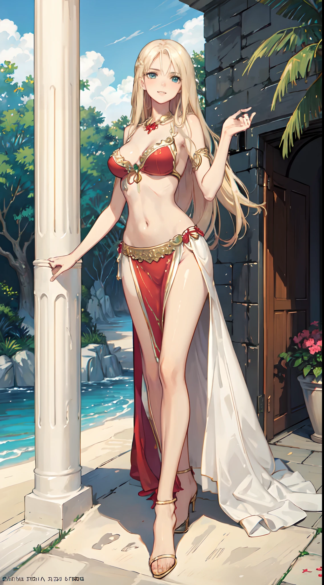 blonde hair, long hair, green eyes, with slender legs and an enticing beach pose, wearing a elegant red gown that shows off her navel, resembling an Arabian belly dancer. She has a short trimmed skirt and her flowing blonde hair is styled in a side ponytail. Her captivating blue eyes exude happiness, while her outfit highlights her alluring cleavage, happy
