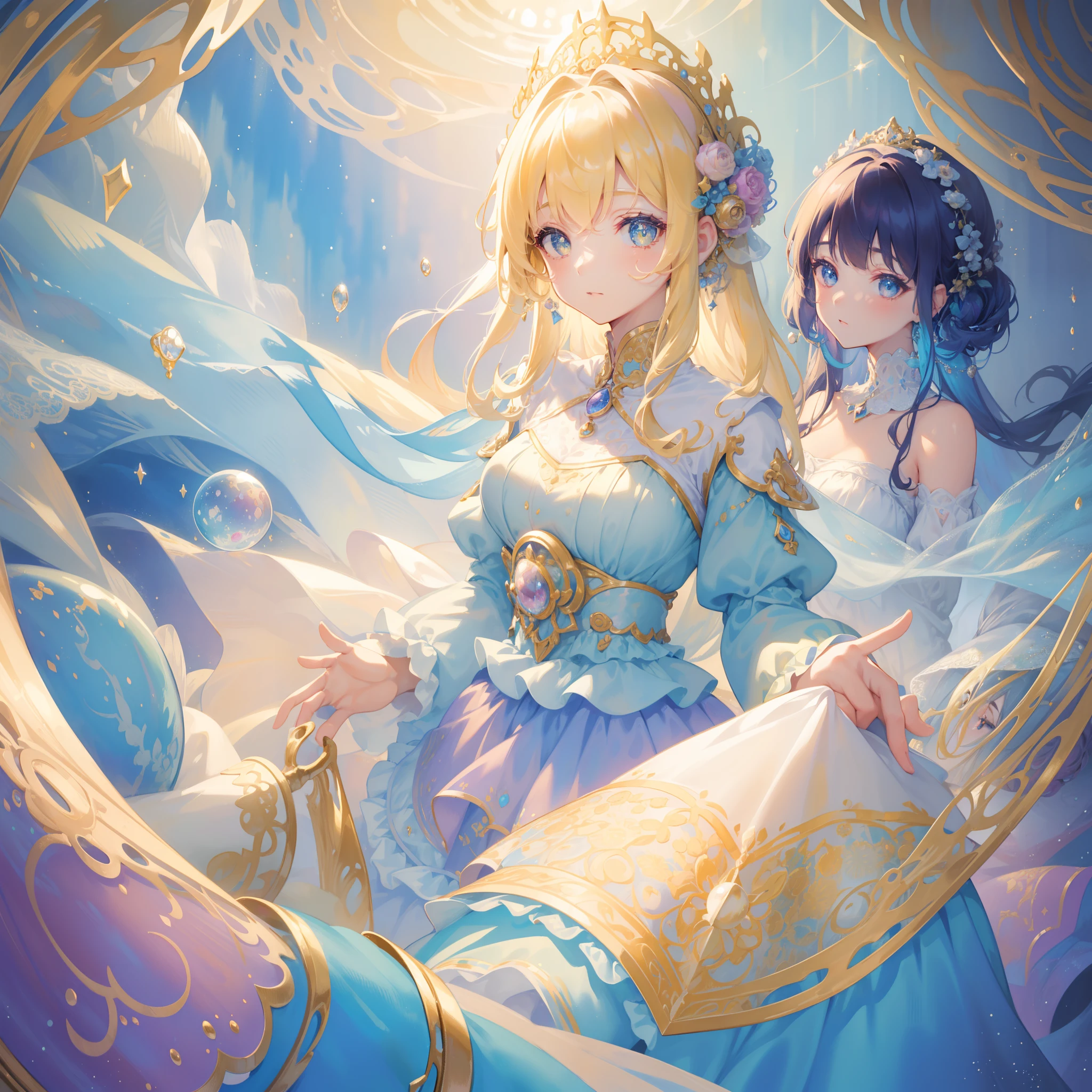 masterpiece, best quality, 8k resolution, sharp focus, intricate detail, beautiful 3girls, sparkling eyes, golden ratio face, otherworldly liquid, watercolor, pastel colors, bright colors, whimsical, colorful, sharp focus, high resolution, fine detail, ((layered tiered puffy long sleeves ballgown)), ((round eyes)), iridescent bubbles, fantasia background