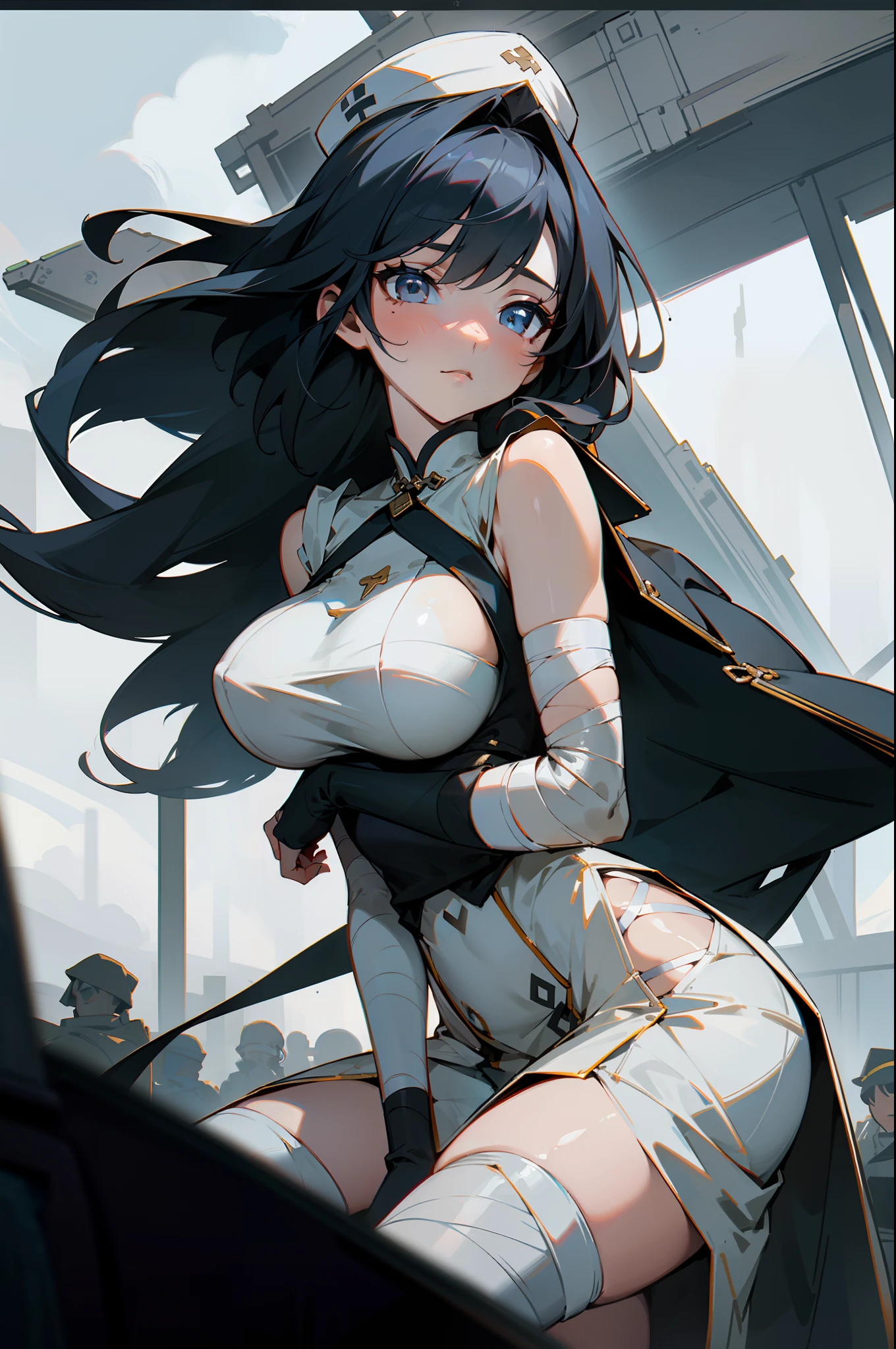 8K,realisticlying,Glamorous,The is very detailed,A 20-year-old girl, a sexy and charming woman, Inspired by bandage weirdos,Put on and put on a bandage。She dresses to show sexiness and confidence,The perfect interpretation of the power and charm of uniforms。Return to the battlefield,It creates a unique atmosphere,Highlight her bravery and perseverance。The cloudy sky adds a touch of tension and mystery to the entire scene。This one is high definition、High-quality images will give you a stunning visual experience,The gloomy battlefield and broken bandages will keep your eyes open。oc rendered,dramatic lights,Award-winning quality,Has an extremely elegant body、Huge and deep chest,Cover your breasts,huge tit,There is water on the body,Raised clothes