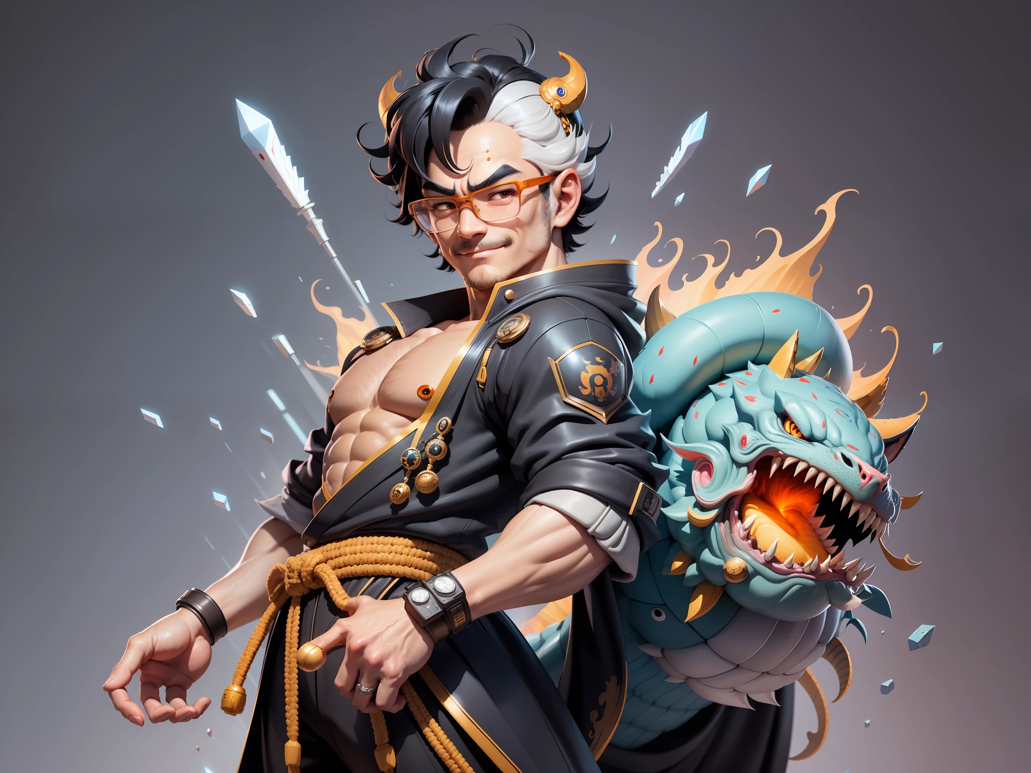 (Masterpiece), (Excellent), (Super Meticulous), (Full Body: 1.2), Super Young Man with Japanese Female Geisha, Pretty, Beautiful, Chinese Dragon, Tiger, Wind God Thor, Sexy, Bursting, Oriental Face, TV Anchor, Bust Portrait Illustration, Black Suit, Blue Tie, Slightly Chubby Face, Silver Glasses, Very Clean Face, No Beard on Chin, Black Super Short Hair, Black Eyes, Confident Smile, 3c Computer Sub-Products, iPad, iPhone, Digital Painting, 3D character design by Mark Clairedon and Pixar and Hayao Miyazaki and Akira Toriyama, the illustrations are HD illustrations in 4K resolution with highly detailed facial features and cartoon-style visuals.
