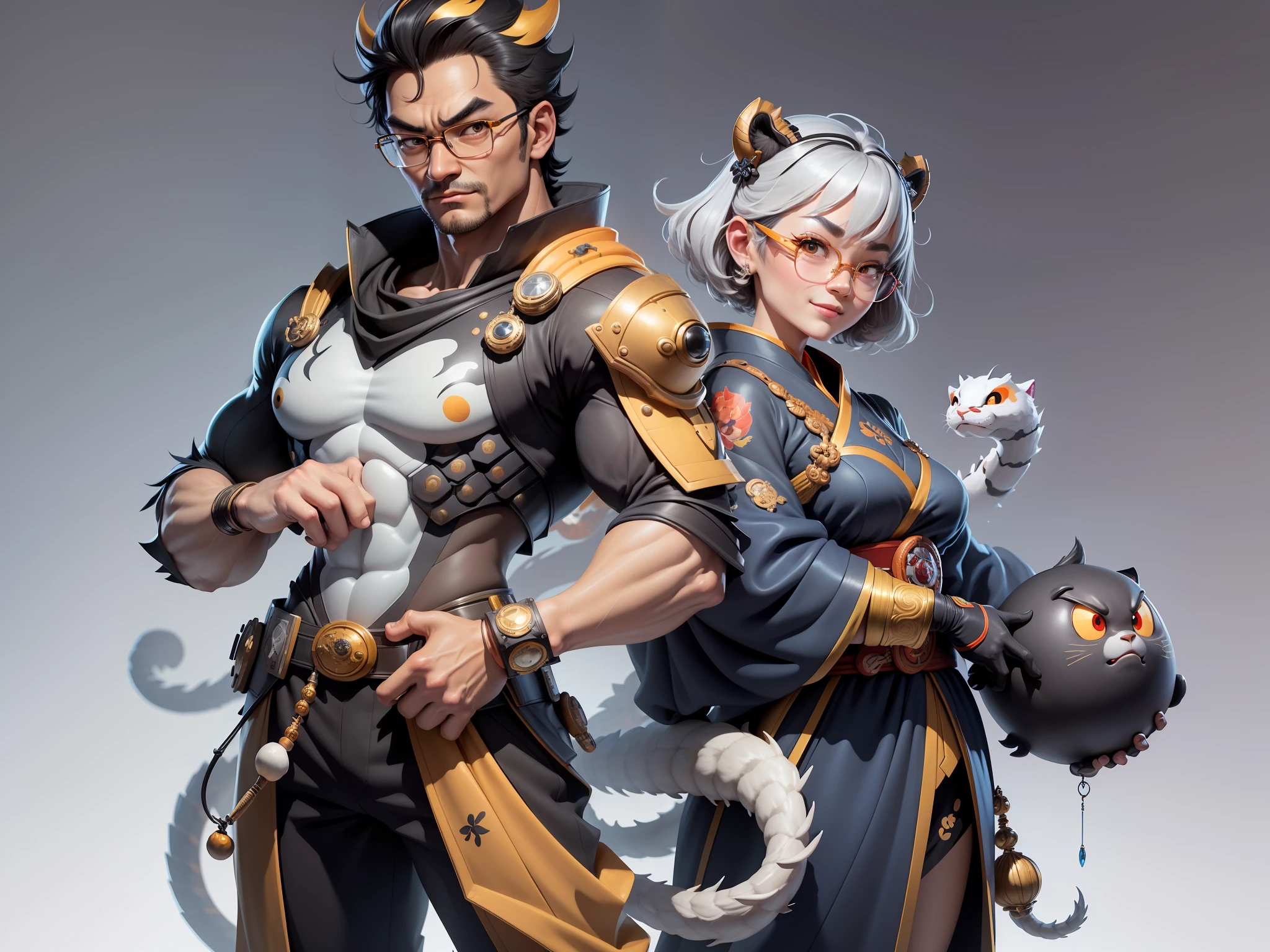 (Masterpiece), (Excellent), (Super Meticulous), (Full Body: 1.2), Super Young Man with Japanese Female Geisha, Pretty, Beautiful, Chinese Dragon, Tiger, Wind God Thor, Sexy, Bursting, Oriental Face, TV Anchor, Bust Portrait Illustration, Black Suit, Blue Tie, Slightly Chubby Face, Silver Glasses, Very Clean Face, No Beard on Chin, Black Super Short Hair, Black Eyes, Confident Smile, 3c Computer Sub-Products, iPad, iPhone, Digital Painting, 3D character design by Mark Clairedon and Pixar and Hayao Miyazaki and Akira Toriyama, the illustrations are HD illustrations in 4K resolution with highly detailed facial features and cartoon-style visuals.