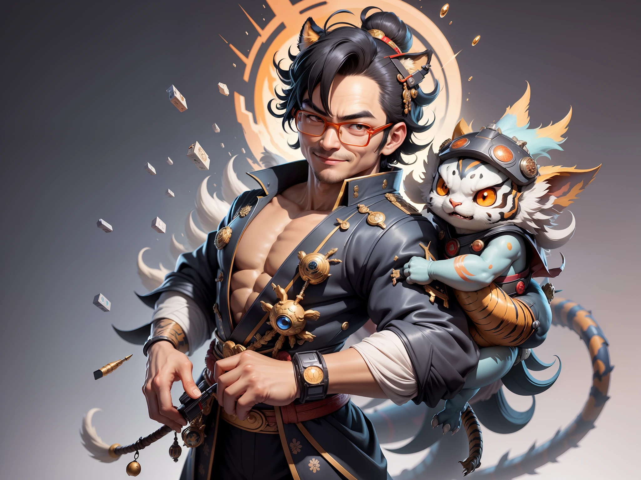 (Masterpiece), (Excellent), (Super Meticulous), (Full Body: 1.2), Super Young Man with Japanese Female Geisha, Pretty, Beautiful, Chinese Dragon, Tiger, Wind God Thor, Sexy, Bursting, Oriental Face, TV Anchor, Bust Portrait Illustration, Black Suit, Blue Tie, Slightly Chubby Face, Silver Glasses, Very Clean Face, No Beard on Chin, Black Super Short Hair, Black Eyes, Confident Smile, 3c Computer Sub-Products, iPad, iPhone, Digital Painting, 3D character design by Mark Clairedon and Pixar and Hayao Miyazaki and Akira Toriyama, the illustrations are HD illustrations in 4K resolution with highly detailed facial features and cartoon-style visuals.
