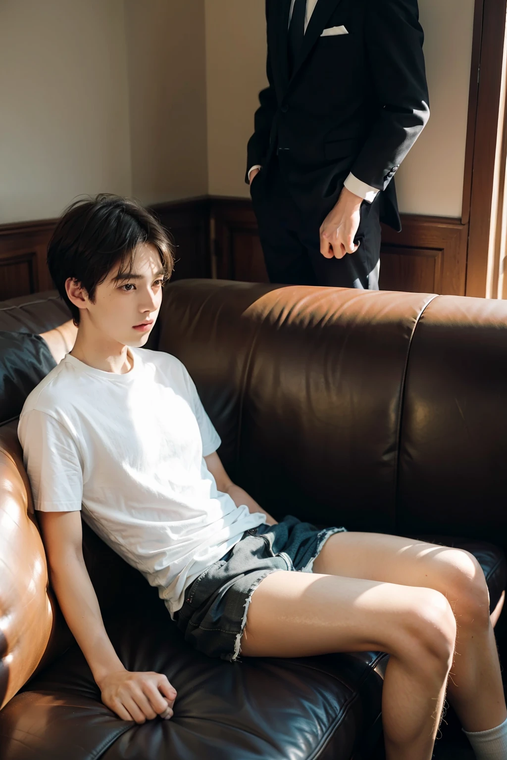 1boys,Sit on a comfortable sofa,Cross ed leg,Soft light