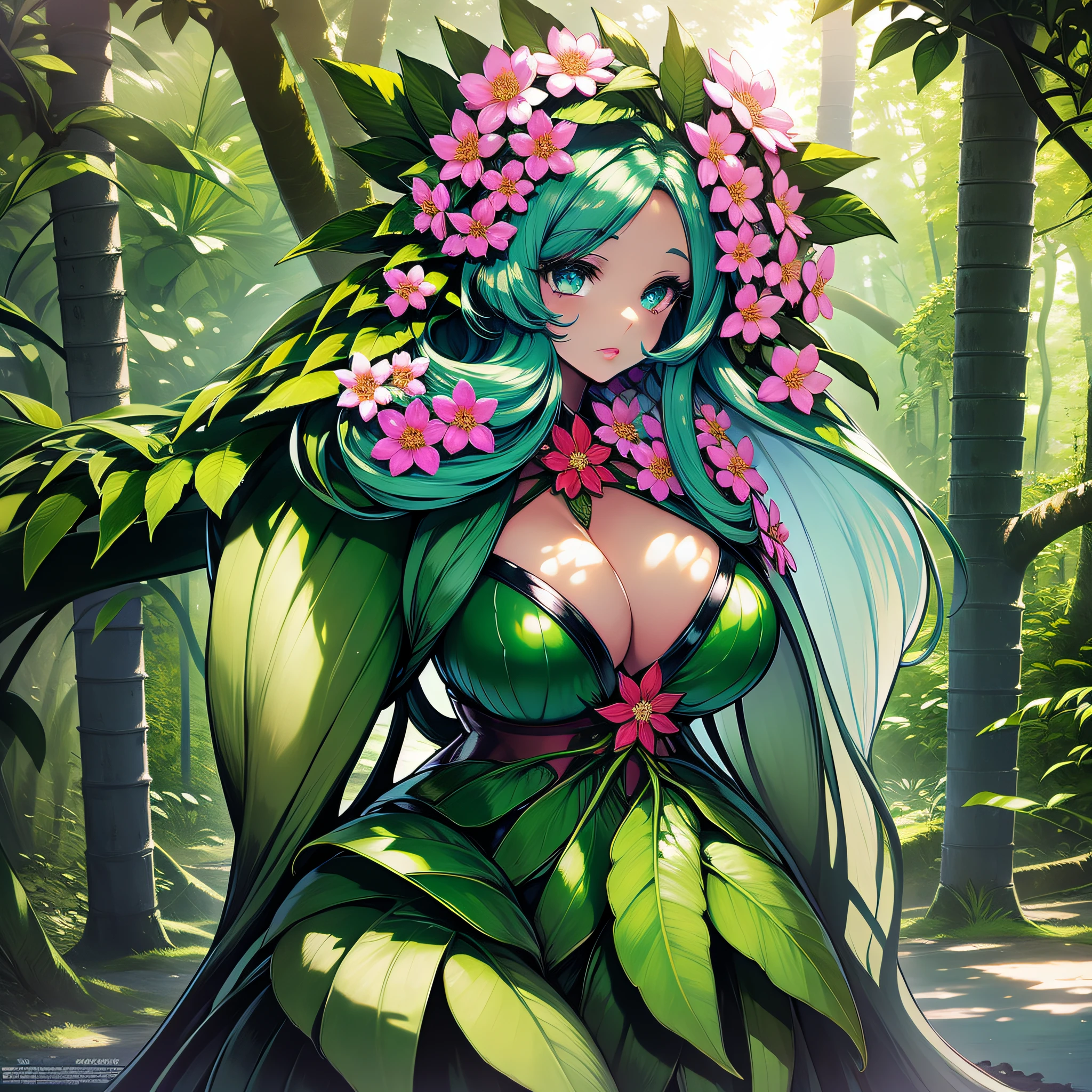 1/6 scale beautiful girl figure, alraune, iridescent flowers, long ivy, huge leaves, ridiculously long hair,