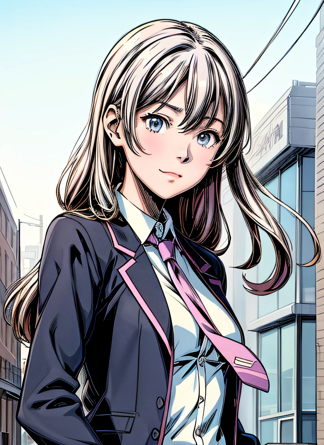 actionpose、Overflowing、cheerfully、(Manga style)、(linear art_Anime)、(pastels_strong contrasts)、小柄,Solo_girl, masterpiece, top-quality, beautifully drawn, ighly detailed, Aesthetic painting, (Lora Add Details:1.0),hi-school girl、Straight hair、jaket、Business suits、neck tie、Background of the building district