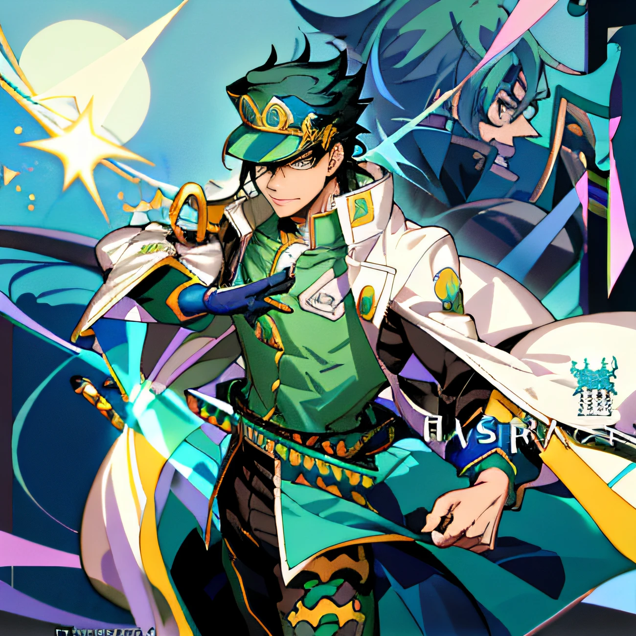 Anime characters with swords and cloaks in blue and green costumes, Jotaro Kujo, casimir art, shirow masamune, high detailed official artwork, jotaro, trigger anime artstyle, Key anime art, shigenori soejima illustration, shirow masamune, official character art, taisho roma, handsome guy in demon killer art