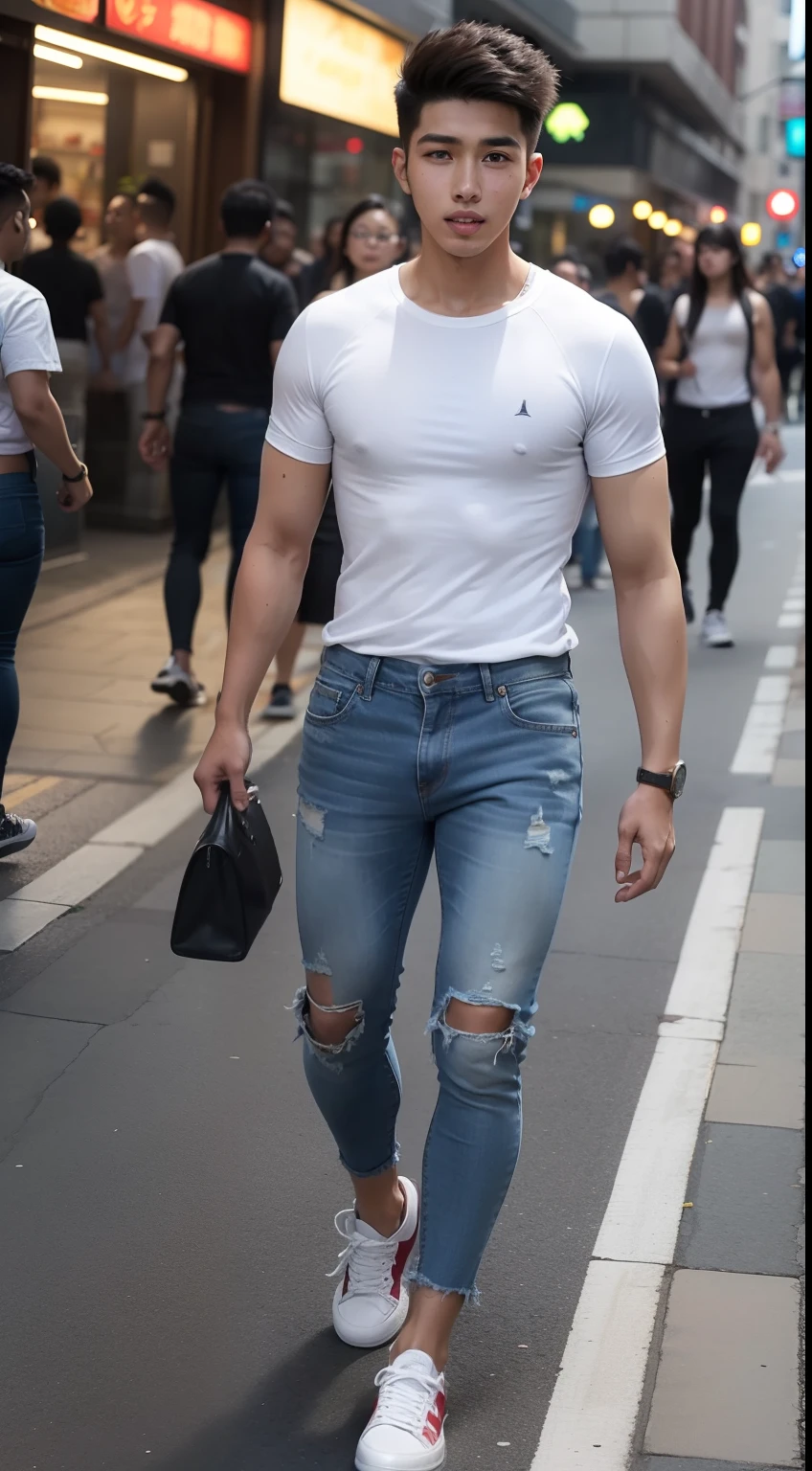 Malay  boy (fattah amin:1.2) age 23 years old wearing white tops and jeans walking in the busy street, skinny boy, short, handsome, small muscle, dark skin, detail skin texture, realistic skin, white sneakers,