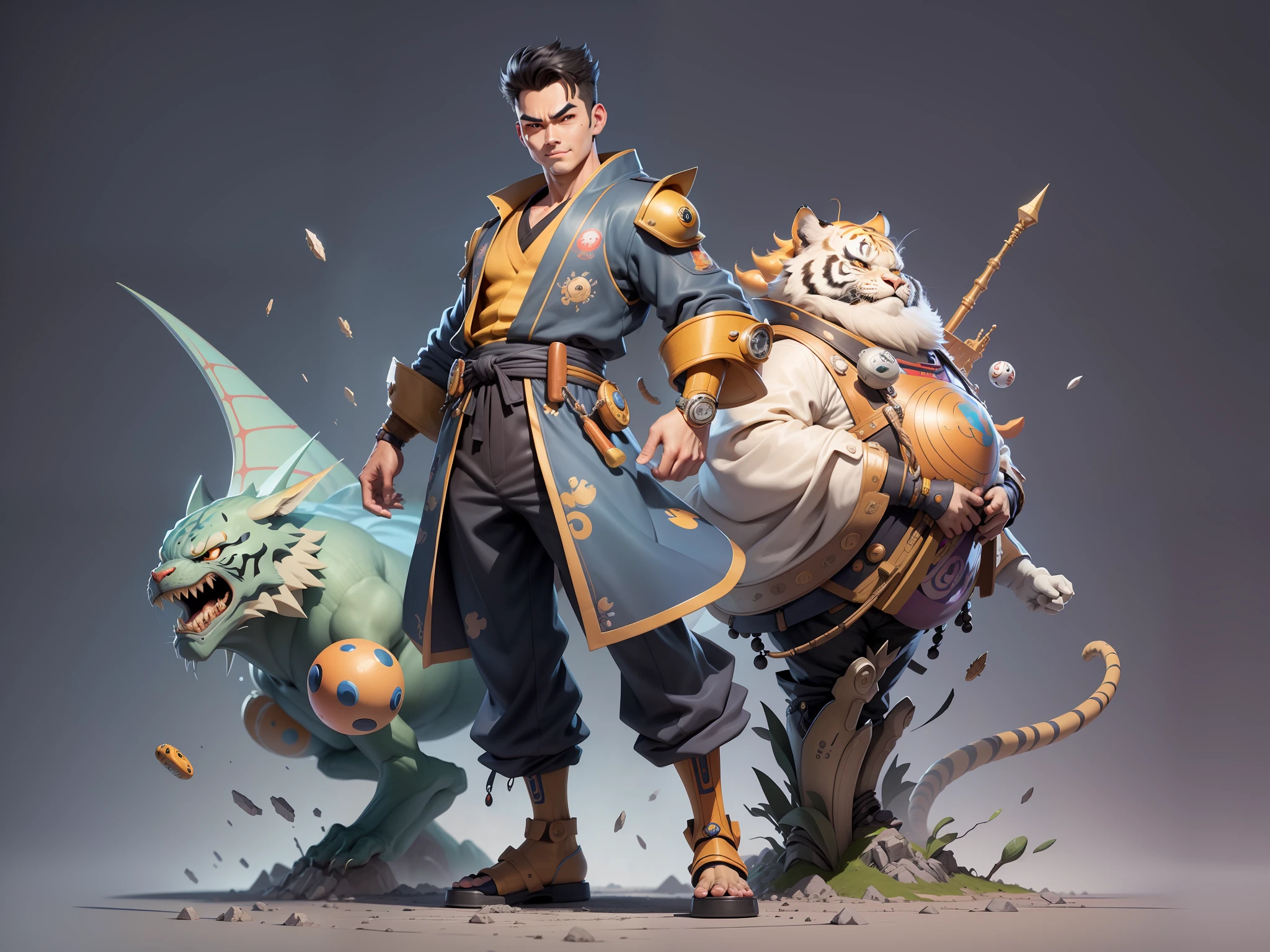 (Masterpiece), (Excellent), (Super Meticulous), (Full Body: 1.2), Super Young Man, Oriental Face, Japanese Kimono, Japanese Wind Thunder God, Dragon, Tiger, TV Anchor, Bust Portrait Illustration, Alone, Black Suit, Blue Tie, Slightly Chubby Face, Very Clean Face, No Beard, Black Super Short Hair, Black Eyes, Confident Smile, 3c Computer Sub-Products, iPad, iPhone, Digital Painting, 3D Character Design by Akira Toriyama and Mark Claireden and Pixar and Hayao Miyazaki, The illustration is a high-definition illustration in 4K resolution with very detailed facial features and cartoon-style visuals.