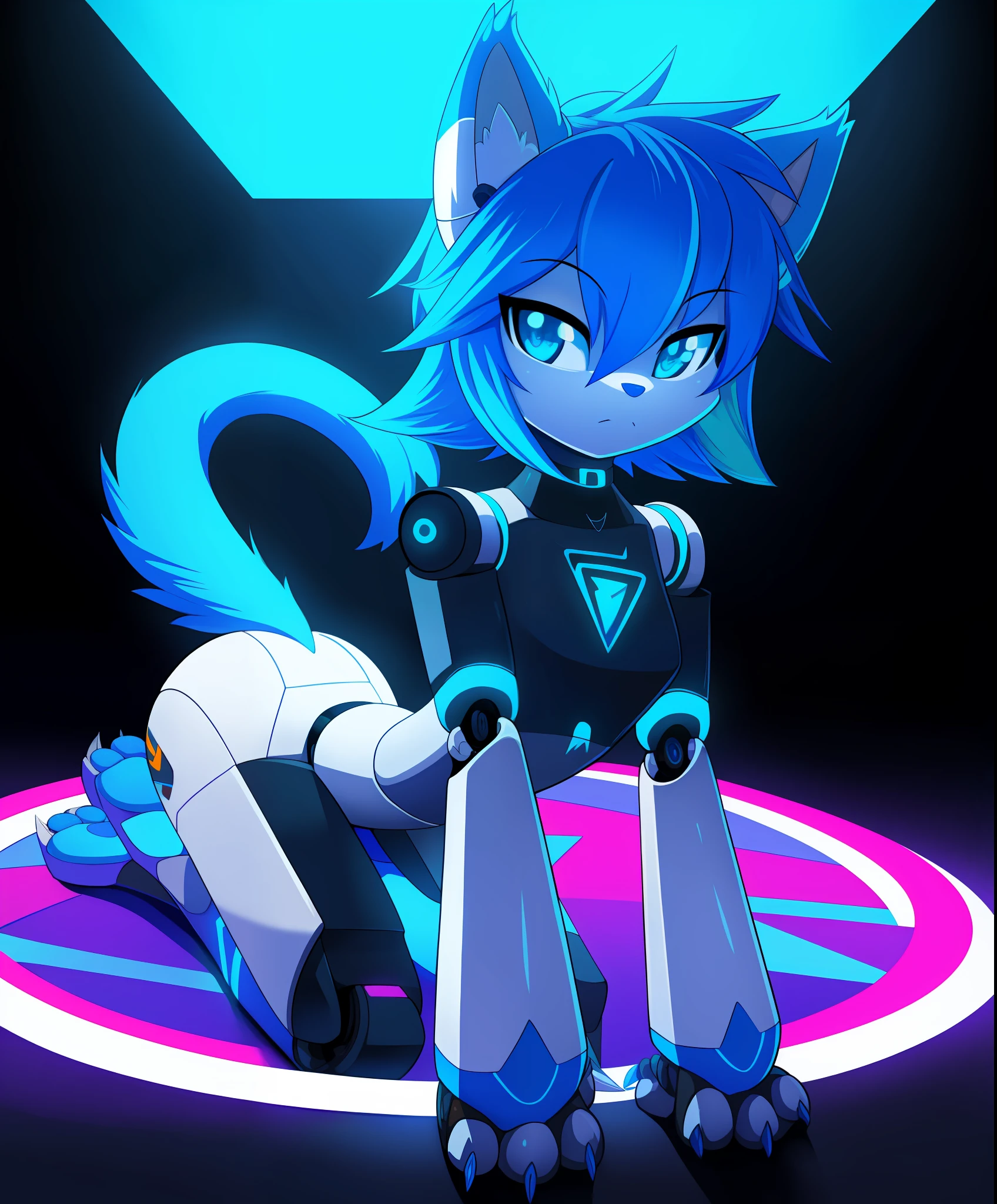 feralfoot:0.9, 1girl, ,pawpads,perfect lighting, extremely detailed art, vibrant colors with high contrast, tail,  claws, great artist,  robot girl, blue hair, jennywakeman with a catlike body, triangle hair, bolt,