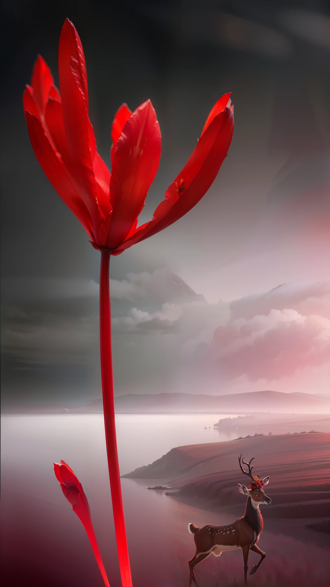 Fantastic background,((top-quality,8K,tmasterpiece:1.3)),Red flowers,Red garlic flowers,Safflower garlic,(A sika deer)