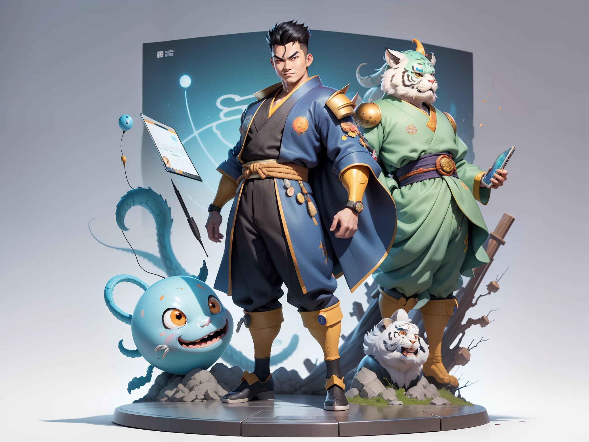 (Masterpiece), (Excellent), (Super Meticulous), (Full Body: 1.2), Super Young Man, Oriental Face, Japanese Kimono, Japanese Wind Thunder God, Dragon, Tiger, TV Anchor, Bust Portrait Illustration, Alone, Black Suit, Blue Tie, Slightly Chubby Face, Very Clean Face, No Beard, Black Super Short Hair, Black Eyes, Confident Smile, 3c Computer Sub-Products, iPad, iPhone, Digital Painting, 3D Character Design by Akira Toriyama and Mark Claireden and Pixar and Hayao Miyazaki, The illustration is a high-definition illustration in 4K resolution with very detailed facial features and cartoon-style visuals.