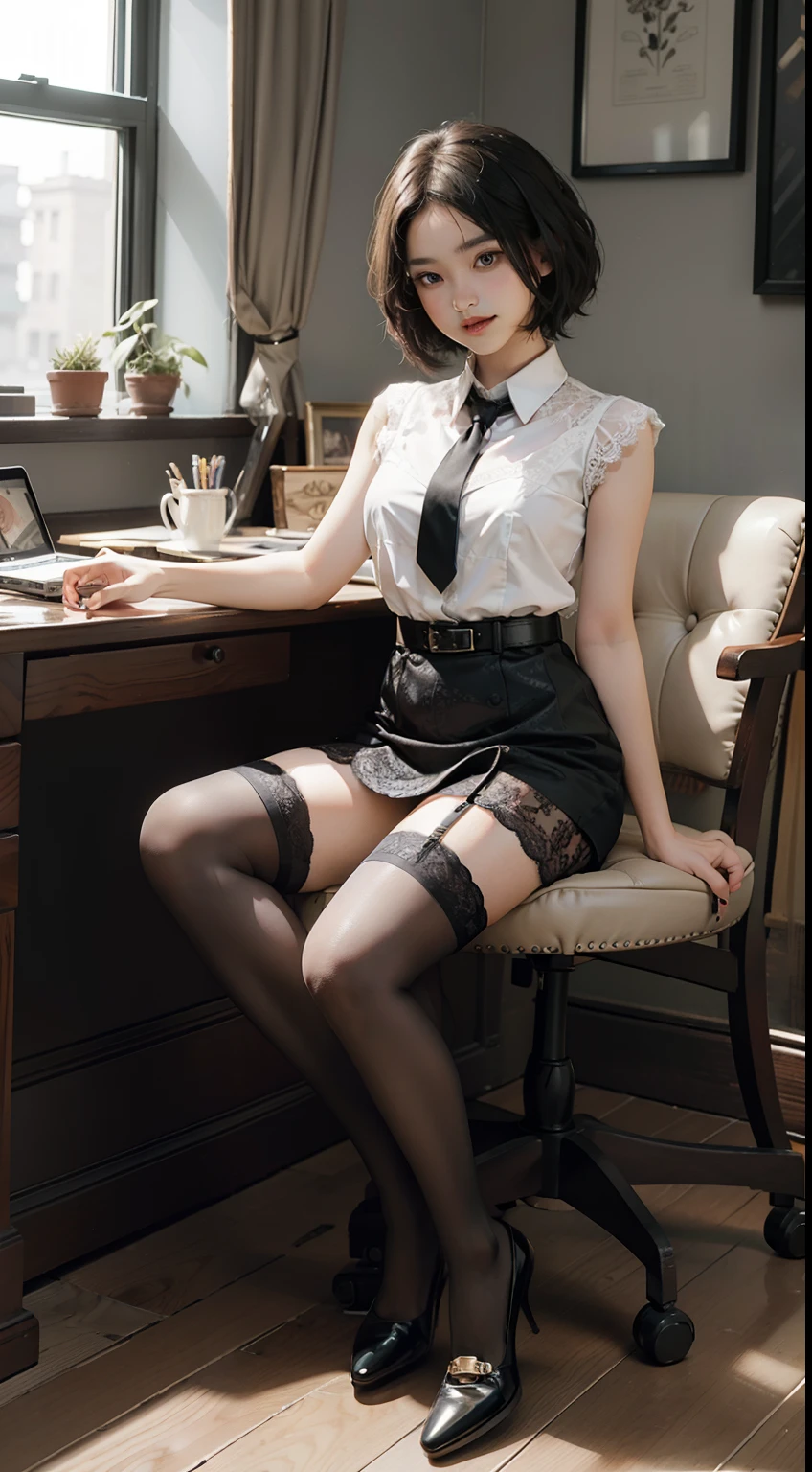 top-quality、Full body portrait、Cinematic texture shots、delicated face、beautiful countenance、-yeld wo、Bewitching smile、slim figure、Dark hair、Black eyes、a large bust、OL Uniform、Office wear、(Black garter belt lace pattern stockings)、Red panties、Interior Scene、s Office、sitdown、tight skirts、Black jacquard tie tie、Sleeveless、Shortcut Hair、Bob Hair、thick leg、long tongue