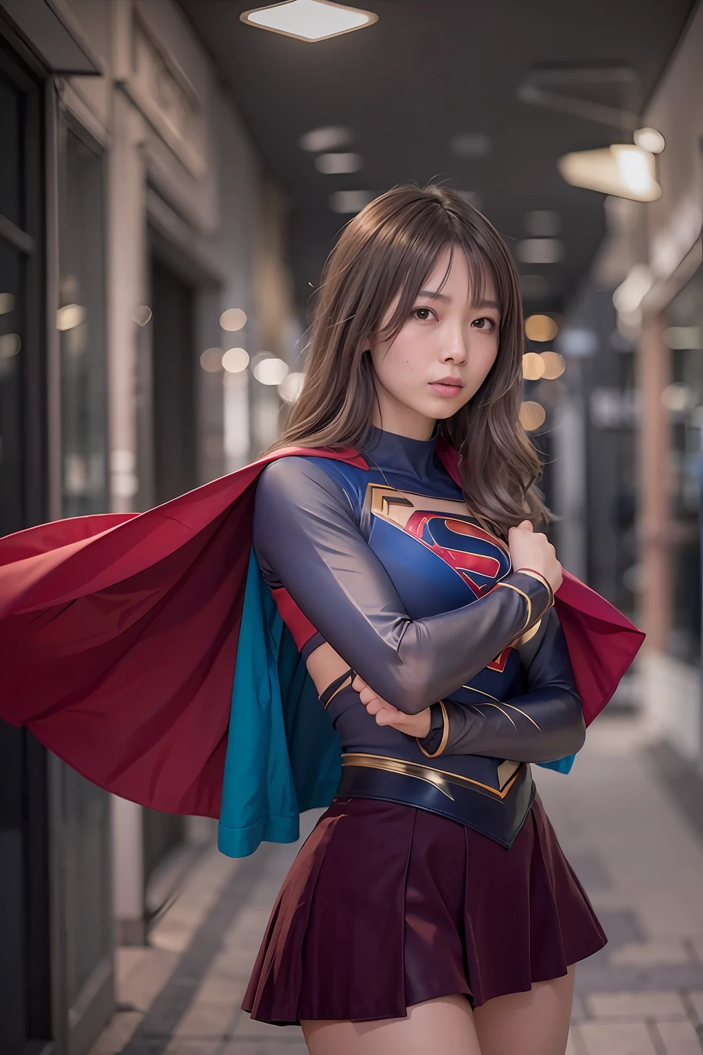 Asian women，Woman poses for a photo，（wearing supergirl_cosplay_Outfit：1.3），Mini_Skirt，（voluptuous figure：1.2），（Fighting posture：1.2），Fierce gesture，（A confident expression：1.2），nice hand，4K，A high resolution，tmasterpiece，best qualtiy，Head：1.3，（（Hasselblad photograp）），finelydetailedskin，Clear focus，（cinmatic lighting），鎖骨，during night，Gentle lighting，dynamic angle，[:(Detailed face：1.2）：0.2]，（（（5 stars hotel）））