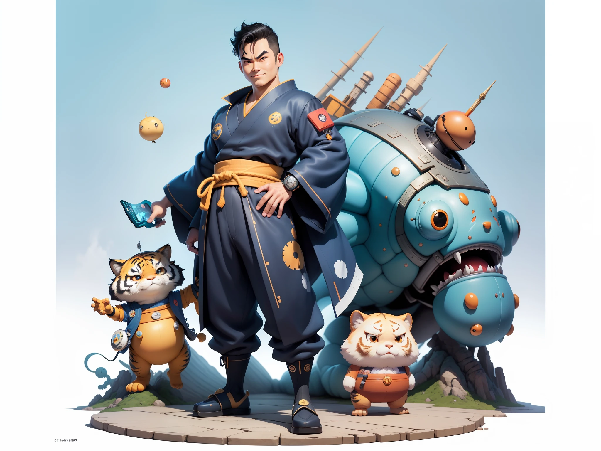(Masterpiece), (Excellent), (Super Meticulous), (Full Body: 1.2), Super Young Man, Oriental Face, Japanese Kimono, Japanese Wind Thunder God, Dragon, Tiger, TV Anchor, Bust Portrait Illustration, Alone, Black Suit, Blue Tie, Slightly Chubby Face, Very Clean Face, No Beard, Black Super Short Hair, Black Eyes, Confident Smile, 3c Computer Sub-Products, iPad, iPhone, Digital Painting, 3D Character Design by Akira Toriyama and Mark Claireden and Pixar and Hayao Miyazaki, The illustration is a high-definition illustration in 4K resolution with very detailed facial features and cartoon-style visuals.