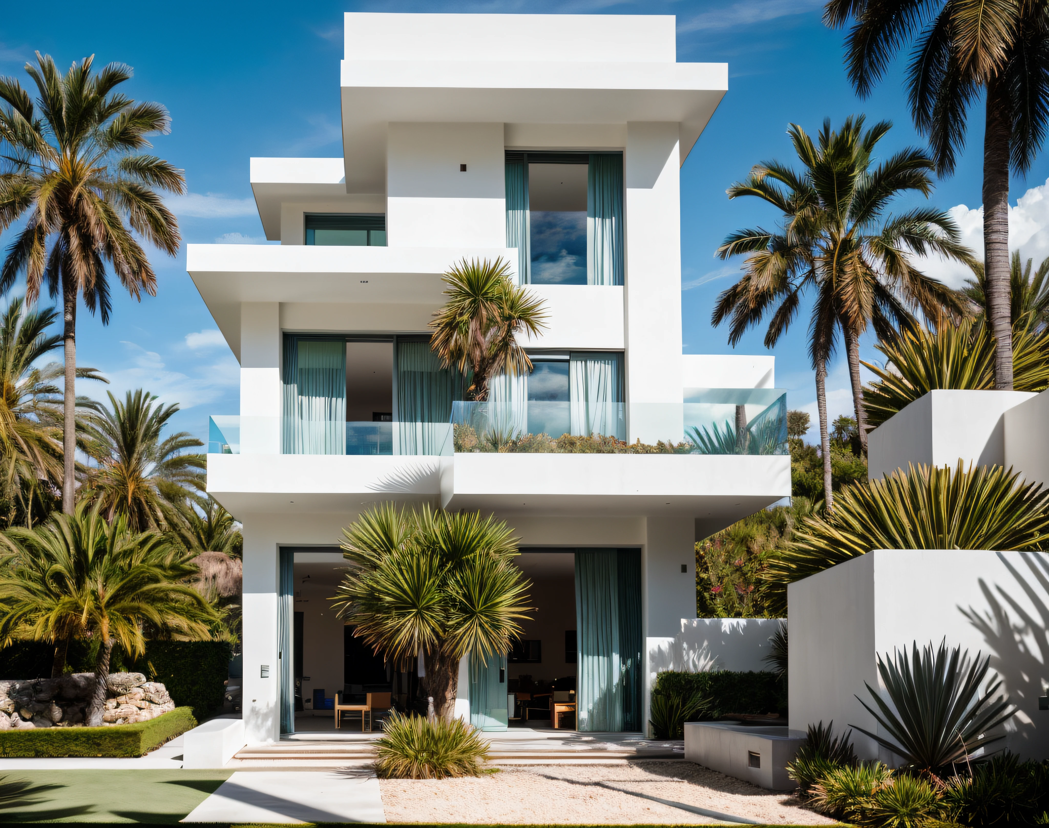 RAW photo, nature, epic futuristic, daylight , raw, hdr,standing on the hill, natural skin, 8k uhd, high quality, film grain, Fujifilm XT3, cinematicy, architecture, glass door , palm tree, resort, grass, tropical, garden, Afternoon sunlight, shadows cast in front of the house, reflection, Mediterranean style, neo classic, outdoor,