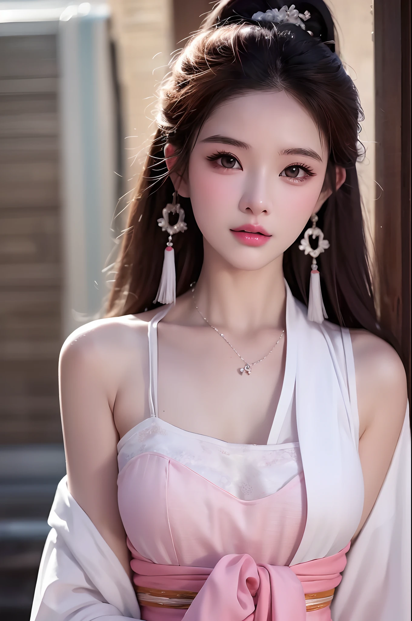 1 realistically beautiful girl, waist length hair, black eyes, ancient Ao Dai, style hanfu, wearing a thin silk shirt of ancient China, pink and smooth white skin, wearing a discreet ancient style ao dai, appears shoulders and head in the photo,cute little face, eye bags under wet makeup, plump red lips, pout, ((closed mouth:1.0)), balanced incisors, embarrassed, small face makeup detailed and very beautifull, The breasts are super round and tight, breast augmentation, blum boobs, Cover the girl's chest with a camisole inside, blush, from front, wear earrings, necklaces, from above, looking at viewer, upturned eyes, full body, masterpiece, top quality, best quality, official art, unity 8k wallpaper, highres, ultra-high res, ultra-detailed, (photorealistic:1.2), alone, solo, Only 1 girl, style hanfu Dunhuang, 10x pixels, super realistic, ultra high quality, full body view of the girl, upper body,