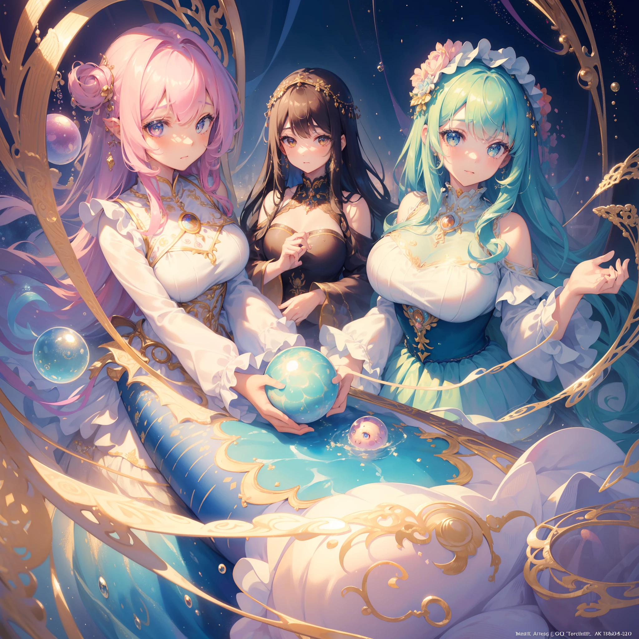masterpiece, best quality, 8k resolution, sharp focus, intricate detail, beautiful 3girls, sparkling eyes, golden ratio face, otherworldly liquid, watercolor, pastel colors, bright colors, whimsical, colorful, sharp focus, high resolution, fine detail, ((layered tiered puffy long sleeves ballgown)), ((round eyes)), iridescent bubbles, fantasia background