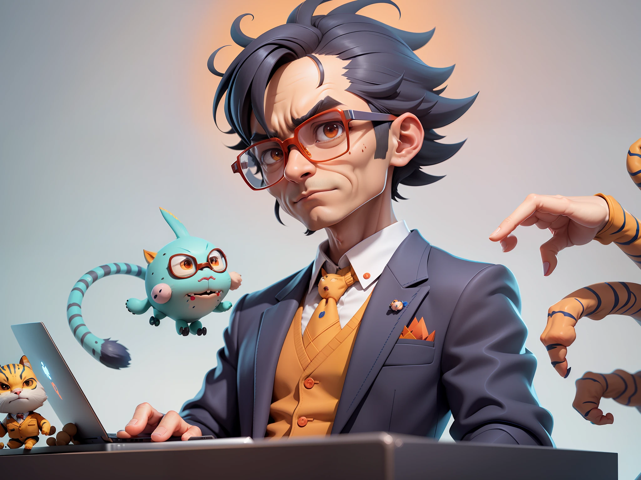 A young man in a suit, Short hair and glasses sat at his desk,holding laptop,digitial painting,tigre,3D character design by Mark Clairen and Pixar and Hayao Miyazaki and Akira Toriyama,4K HD illustration,Very detailed facial features and cartoon-style visuals。