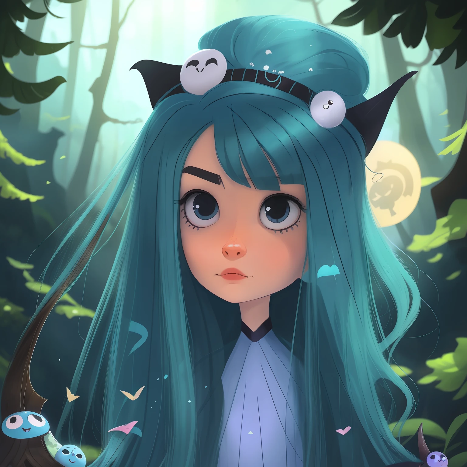A beautiful 16-year-old girl who is the guardian gir long blue hair, adorable witch face painting, estilo dos desenhos animados, estilo disney, 2D, arte digital